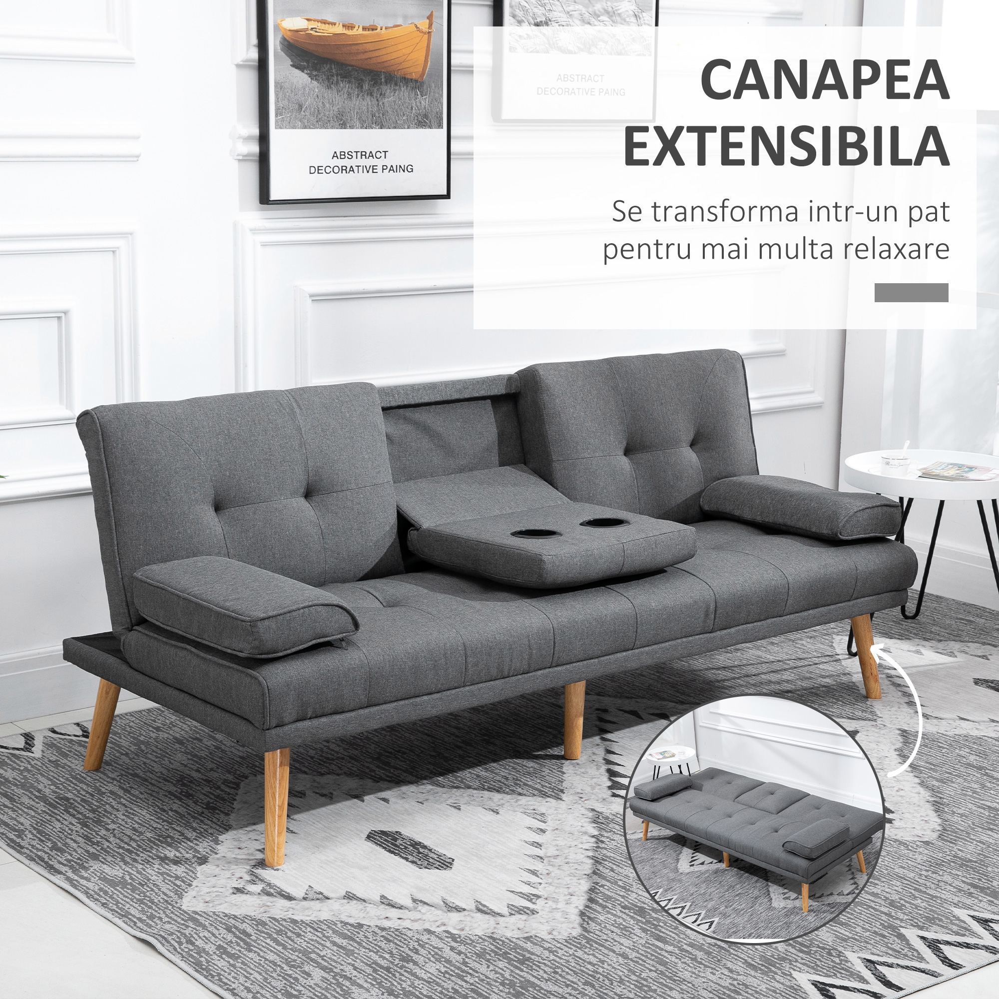  Canapea extensibila cu 3 locuri, 2 cotiere detasabile si covoras antiderapant, imitatie in si lemn de plop, 181x77x78cm, gri inchis [3]