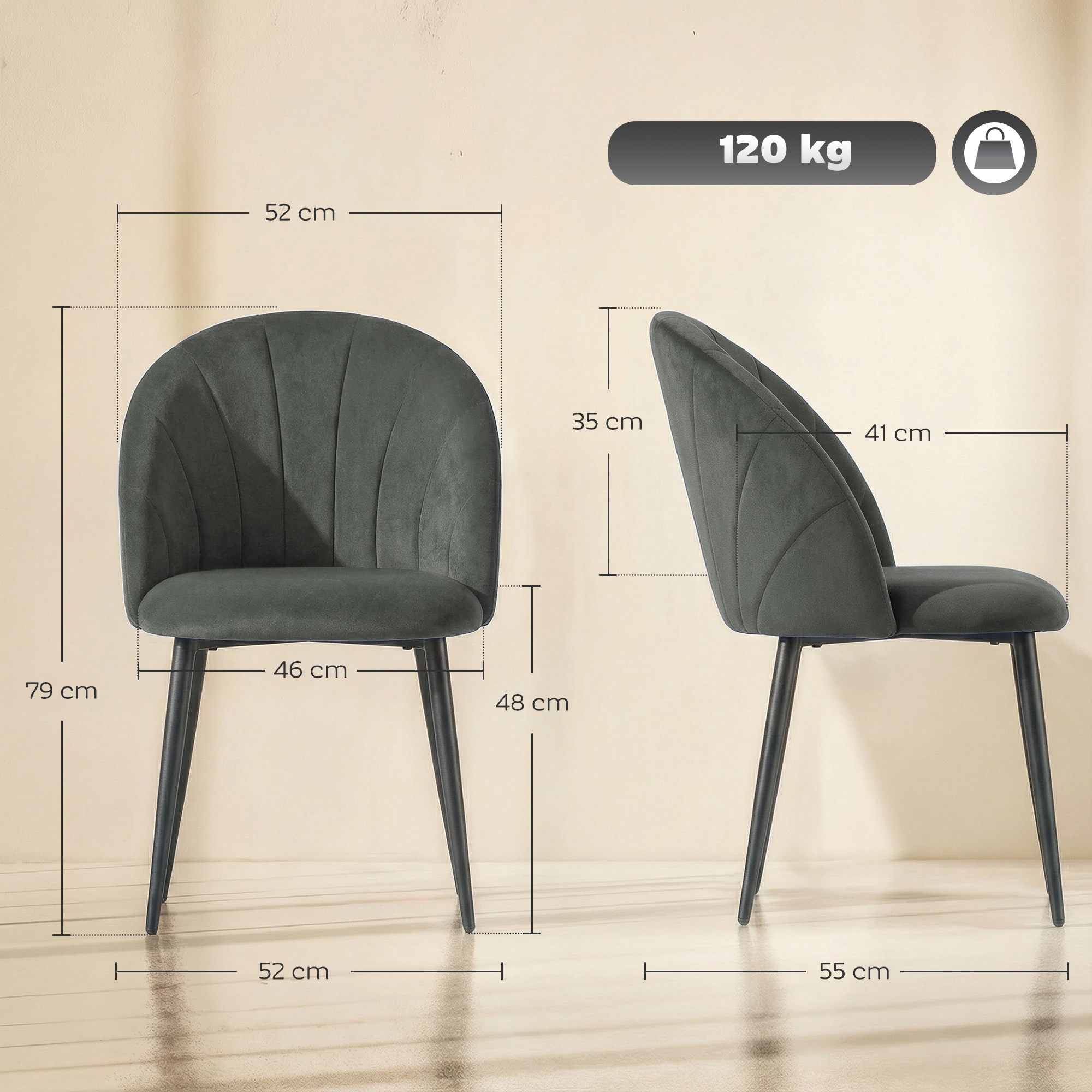  Set 2 Scaune de Sufragerie Tapitate cu Spatar Tip Scoica din Catifea, 52x55x79 cm, Gri [2]