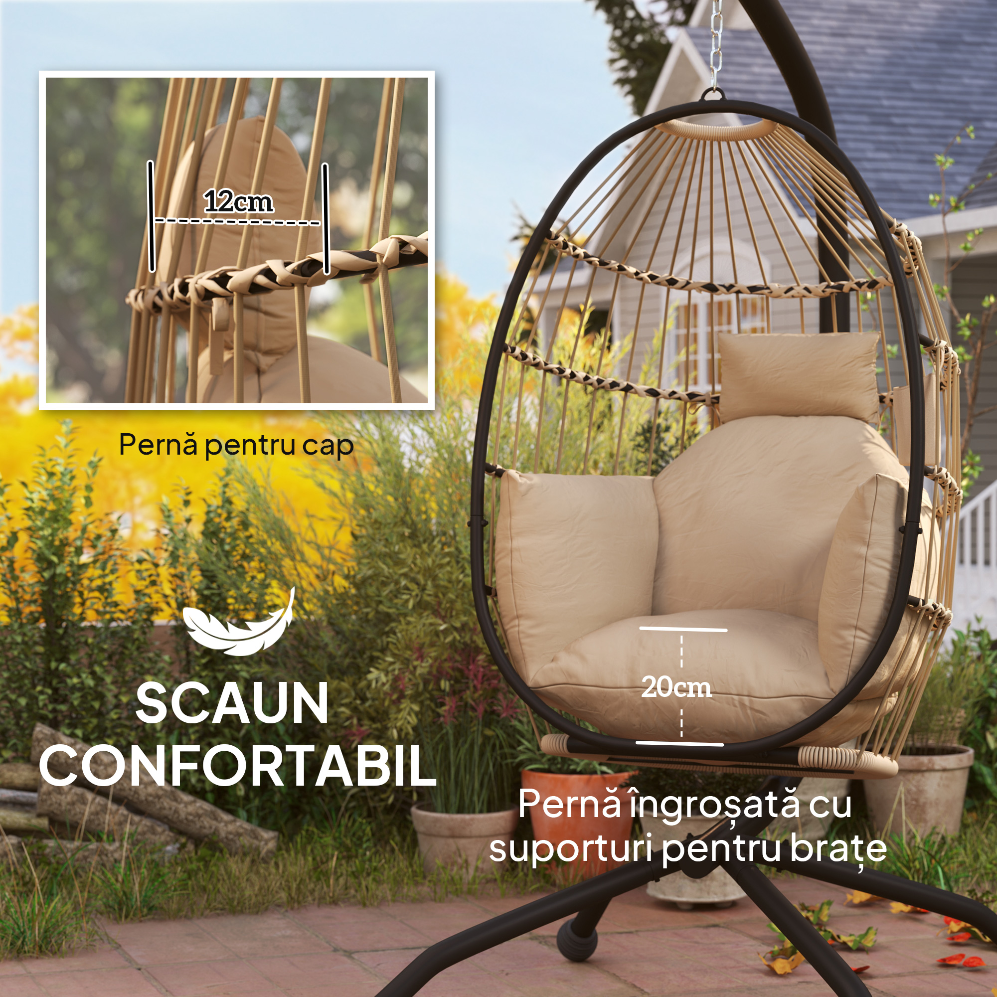  Fotoliu Suspendat Tip Ou cu Lant Reglabil, 2 Perne Detasabile si Suport pentru Pahare, Scaun Balansoar Pliabil pentru Gradina, Baza in X din Otel, pentru Interior si Exterior, 120x88x192 cm, Bej [3]