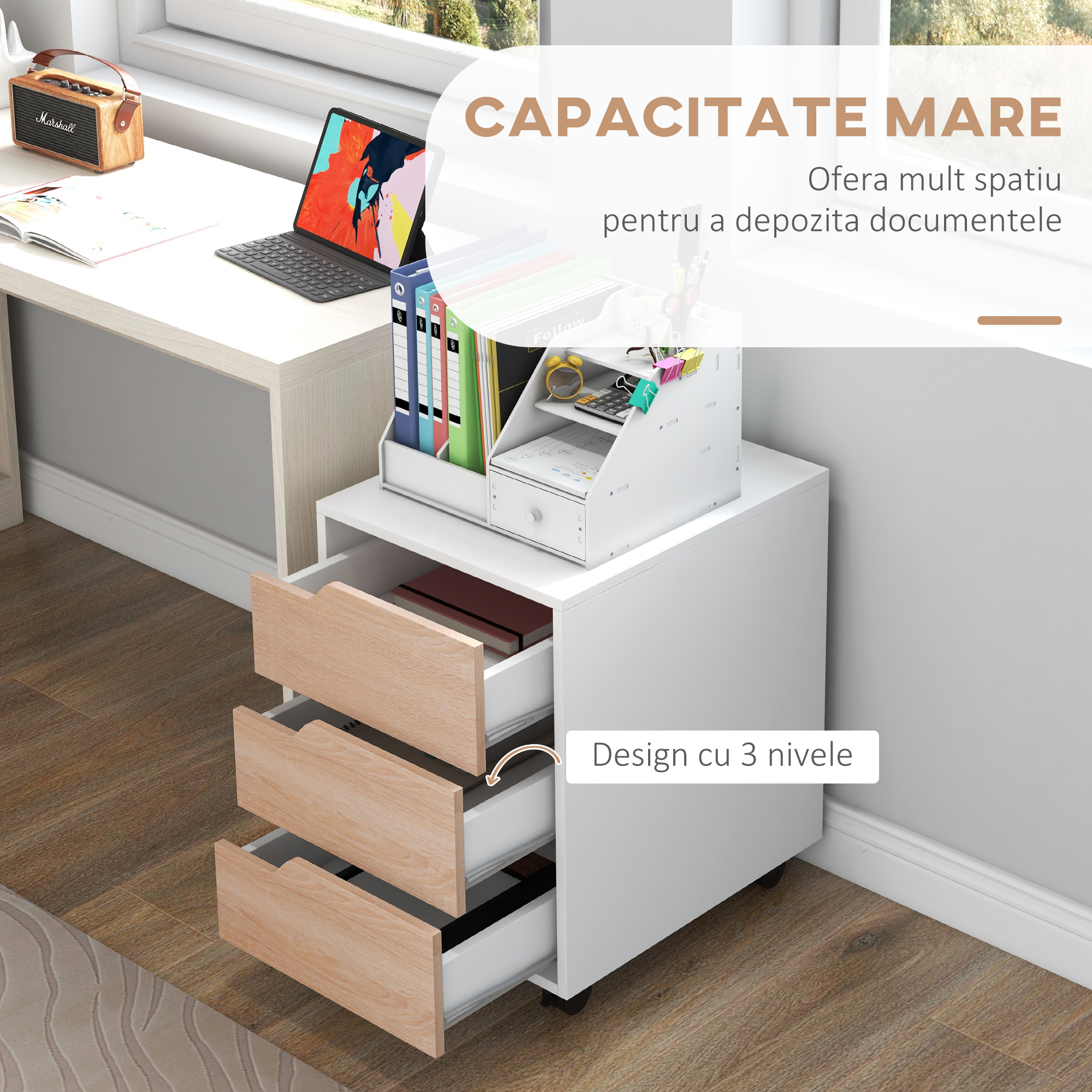  Comoda Birou - 3 Sertare, Roti, Alb si Lemn [4]