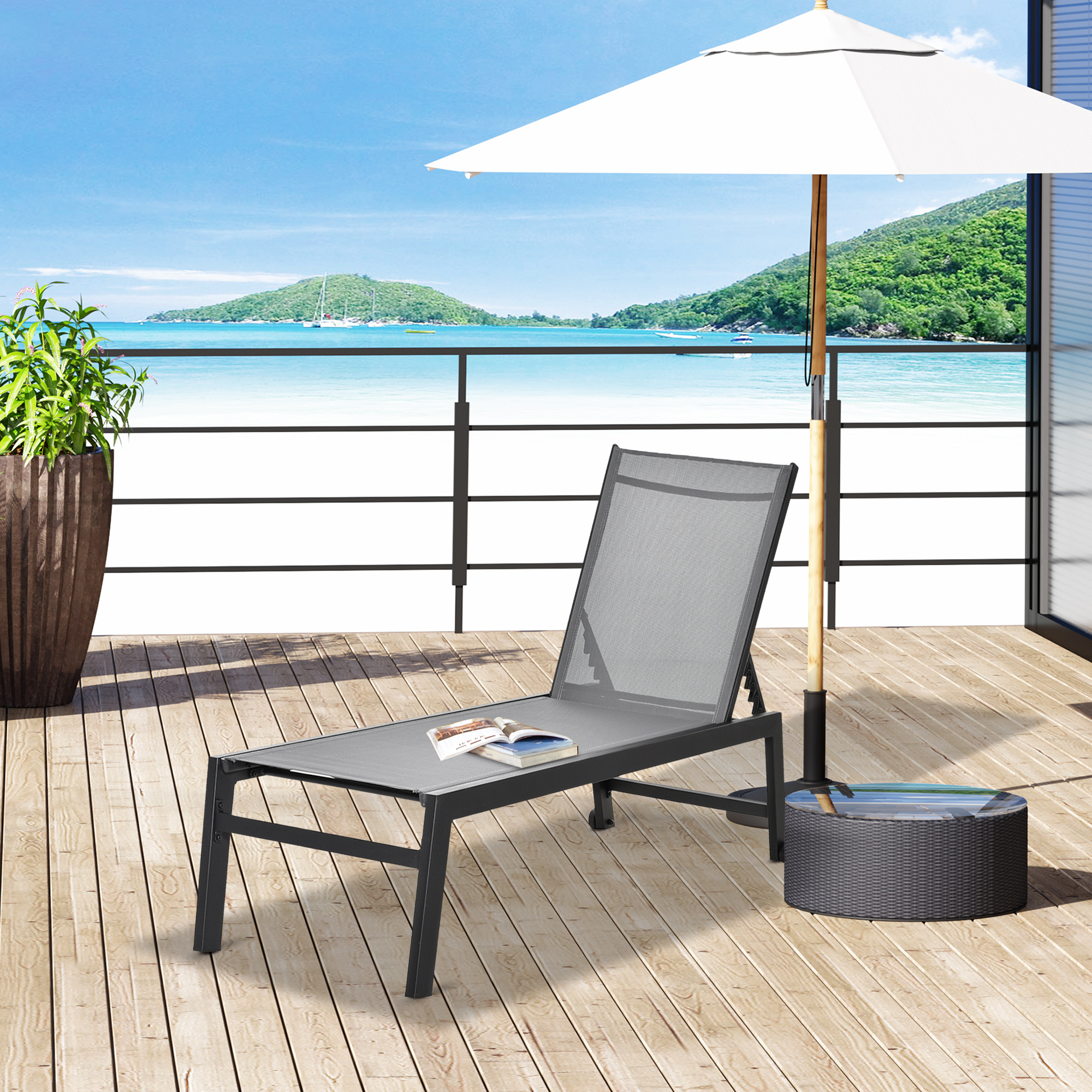  Sezlong din Aluminiu si Textilen cu Spatar Reglabil si Roti Negru si Gri [1]