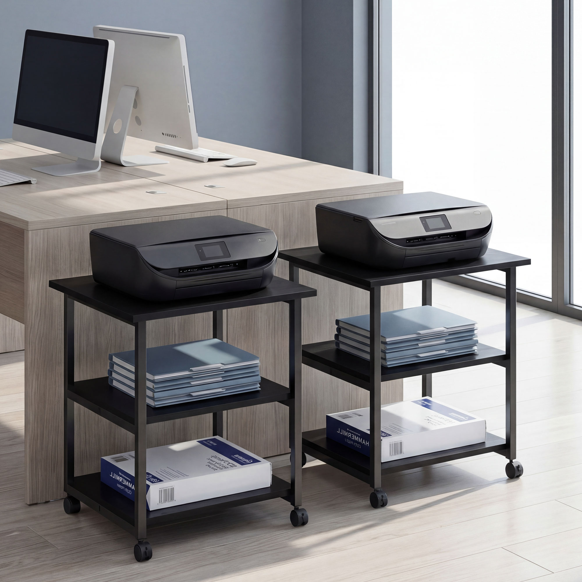  Dulap mobil pentru imprimanta cu 3 rafturi si 4 roti, lemn si otel, 50x50x52,5cm, negru [8]