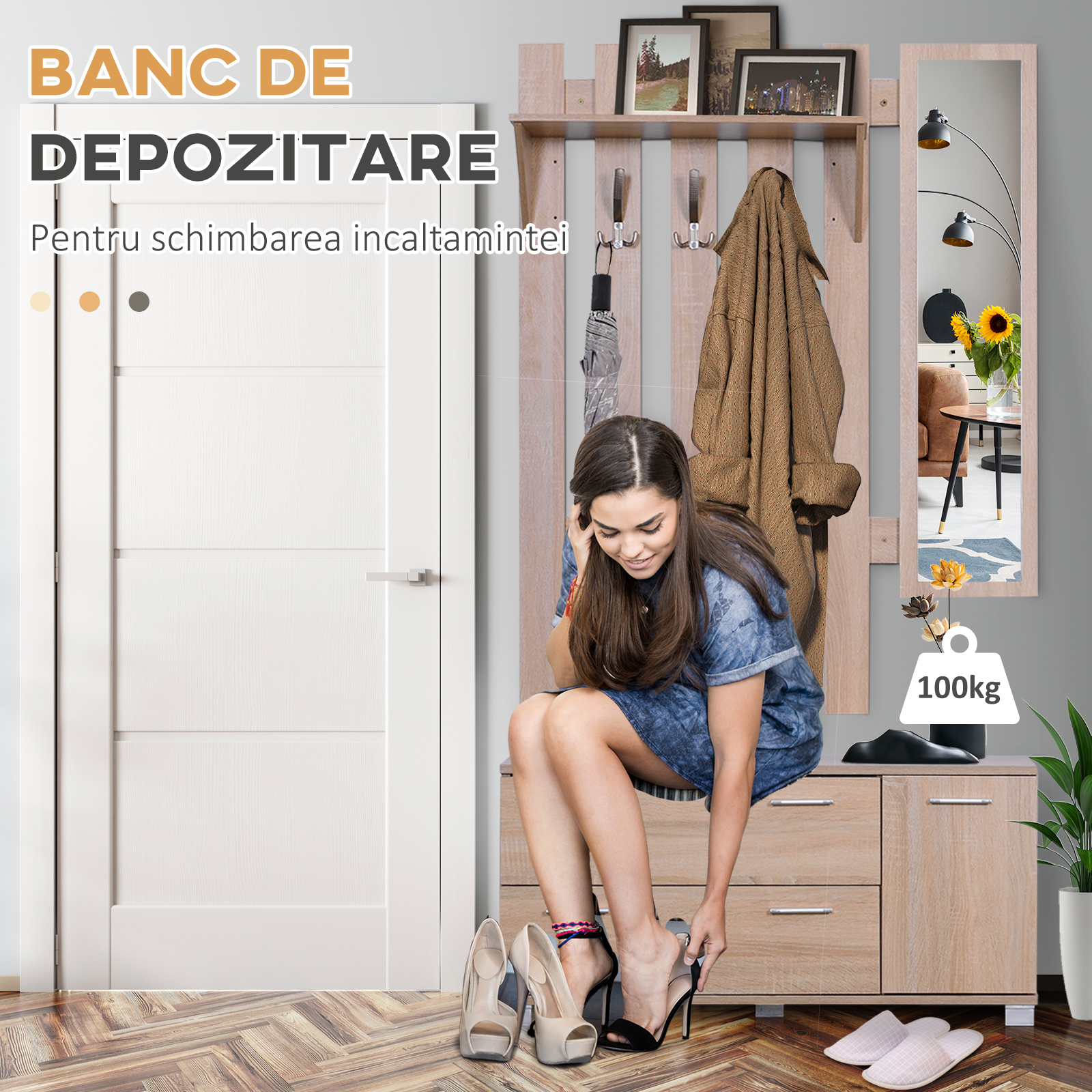  Set Hol 3 Piese - Dulap Pantofi, Cuier cu Oglinda, Design Lemn [5]