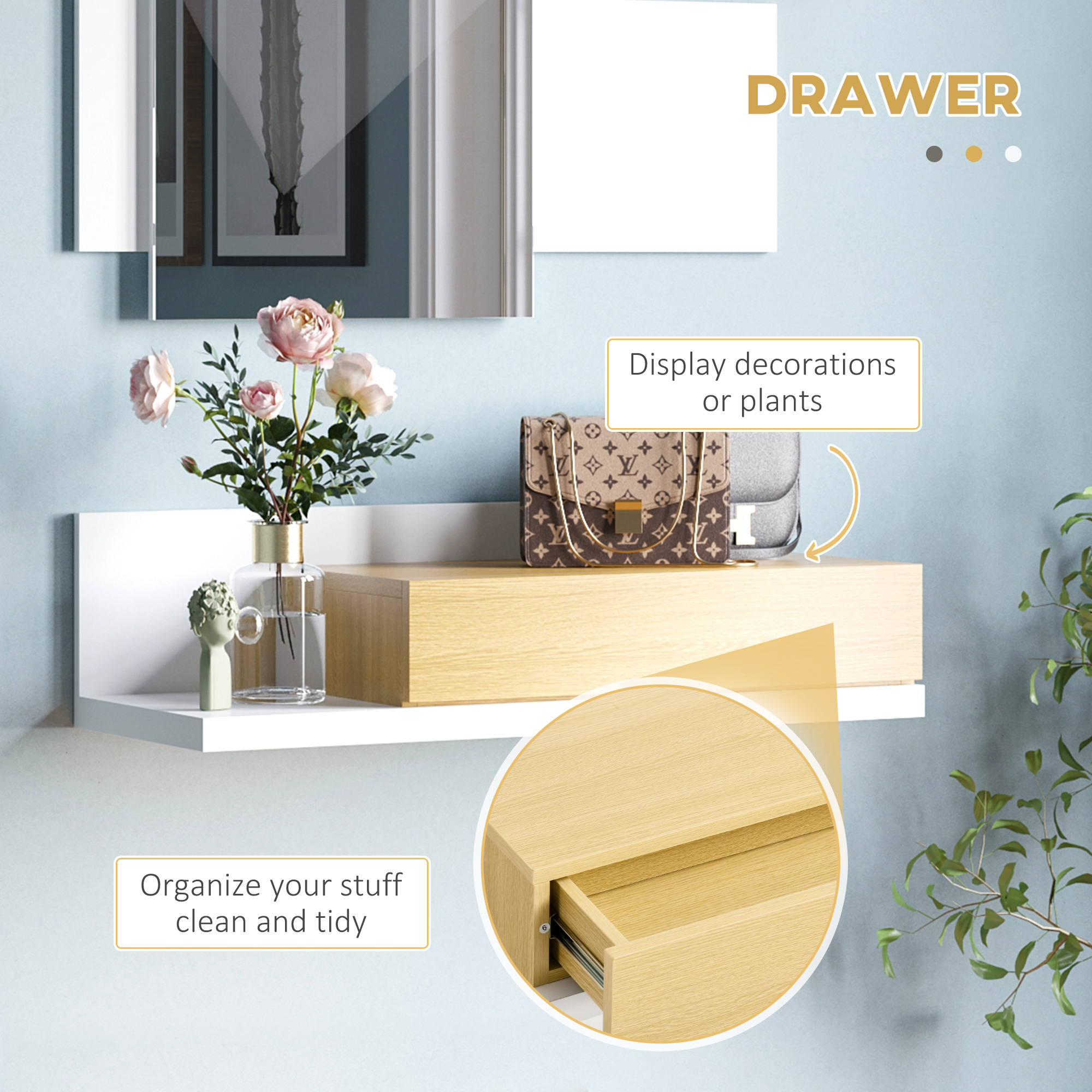  Set mobilier pentru hol cu oglinda si sertar, mobilier modern din lemn cu oglinda 40x70cm, fixare pe perete [5]