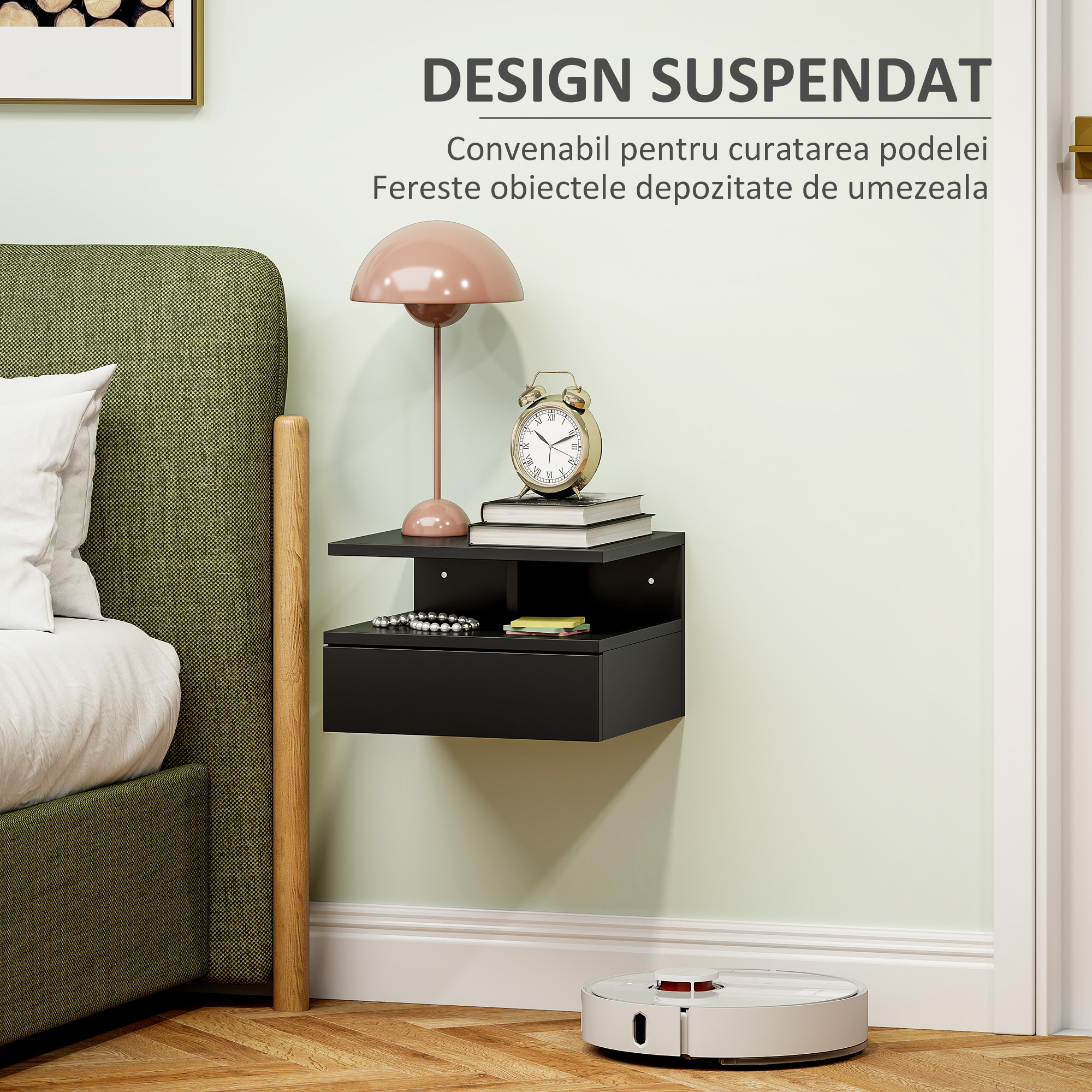  Noptiera suspendata pentru dormitor cu sertar si raft din lemn, 35x32x22.5cm, negru [3]