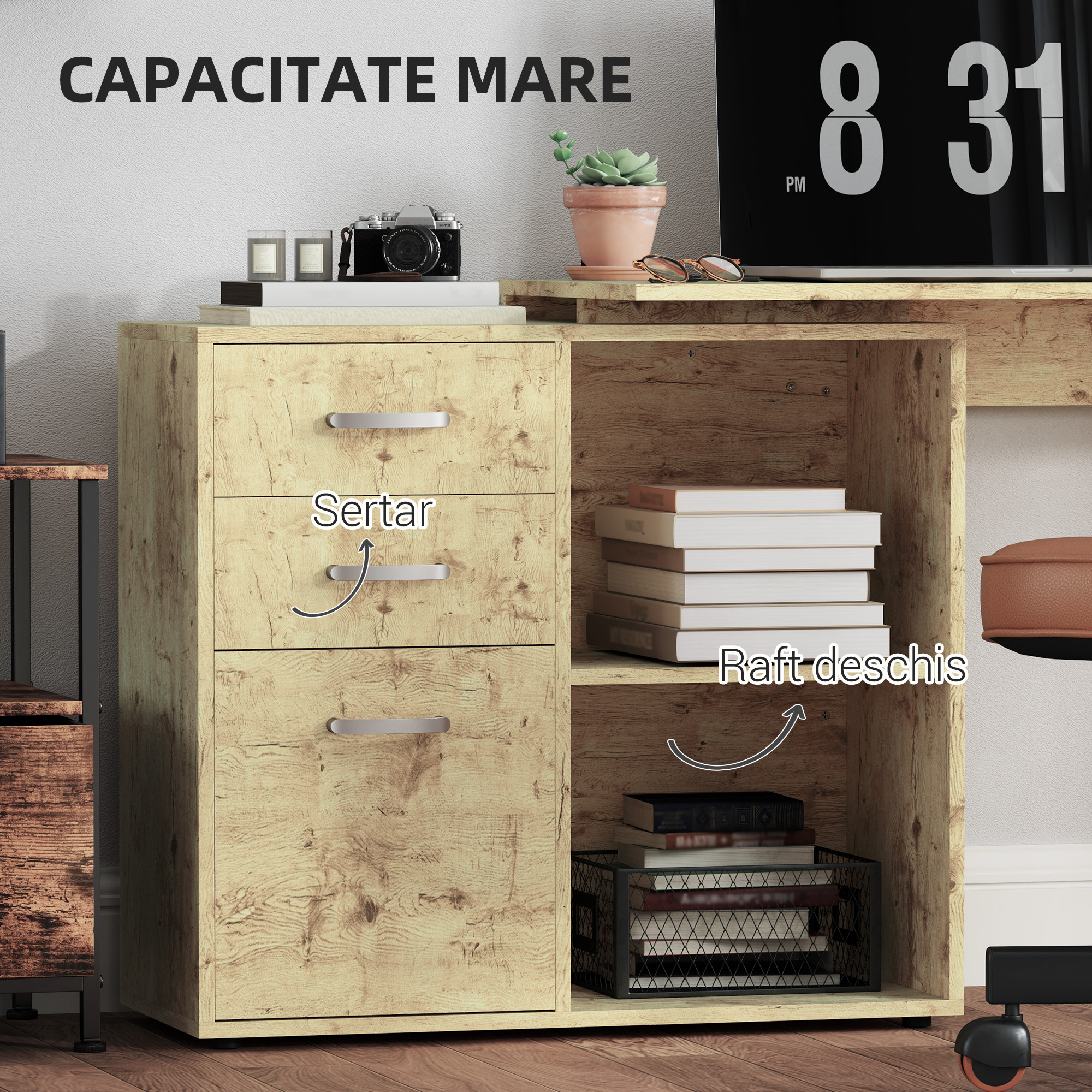  Birou Coltar pentru PC cu 3 Sertare si Rafturi Deschise, din Lemn si Metal, 117x83.5x76 cm, Nuc [3]