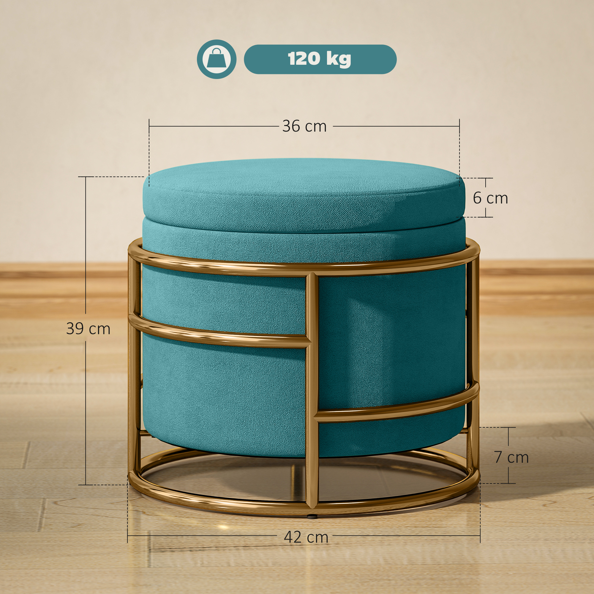 Pouf  Rotund in Catifea cu Compartiment de 24L si Capac Detasabil, Ø42x39 cm, Verde [2]