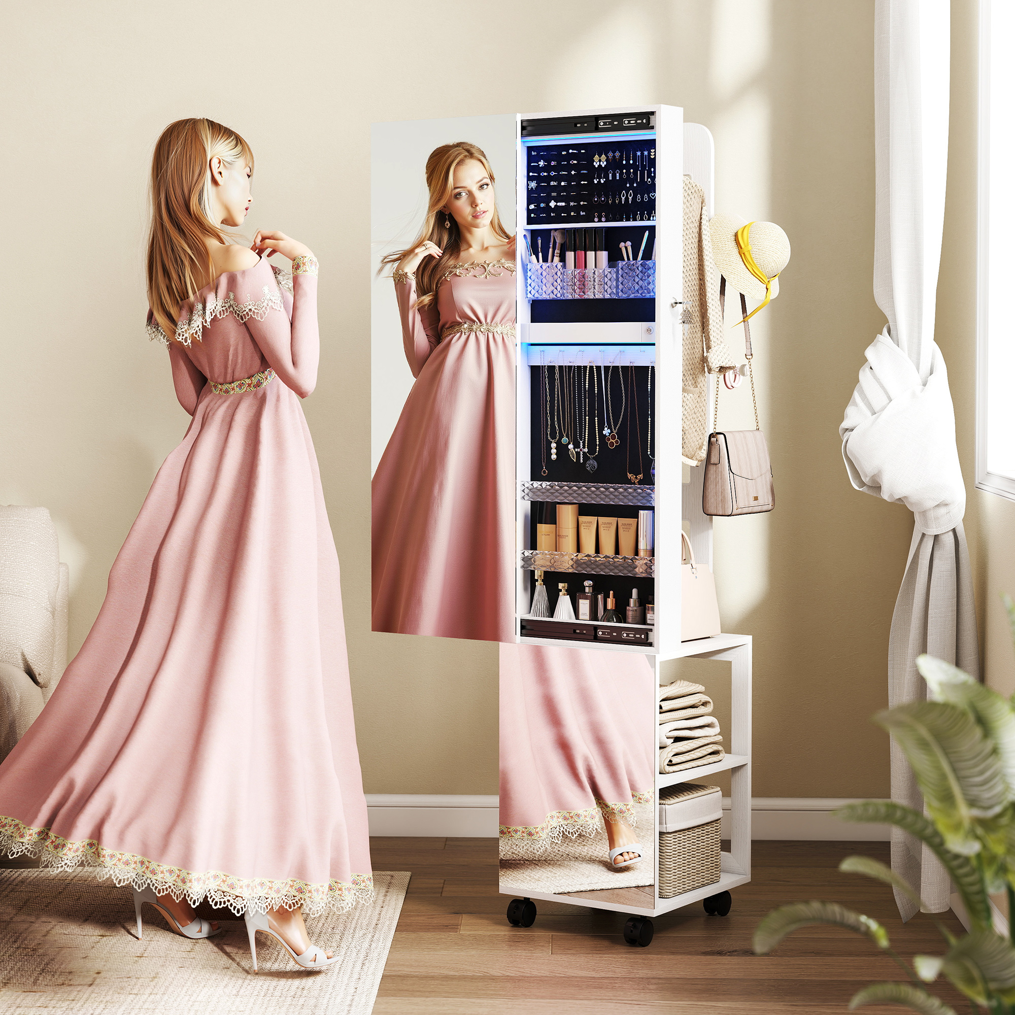  Dulap pentru Bijuterii cu Oglinda Rotativa 360°, Lumina LED Reglabila, incuietoare si Rafturi, 37x40x165,5 cm, Negru [1]