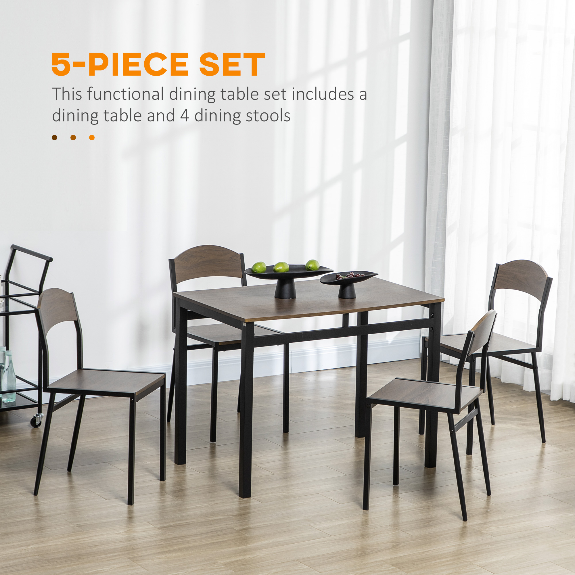  Set de sufragerie 5 piese cu 1 masa dreptunghiulara 100x63x76,5 cm si 4 scaune 45x40x82 cm, otel si MDF, maro negru [3]