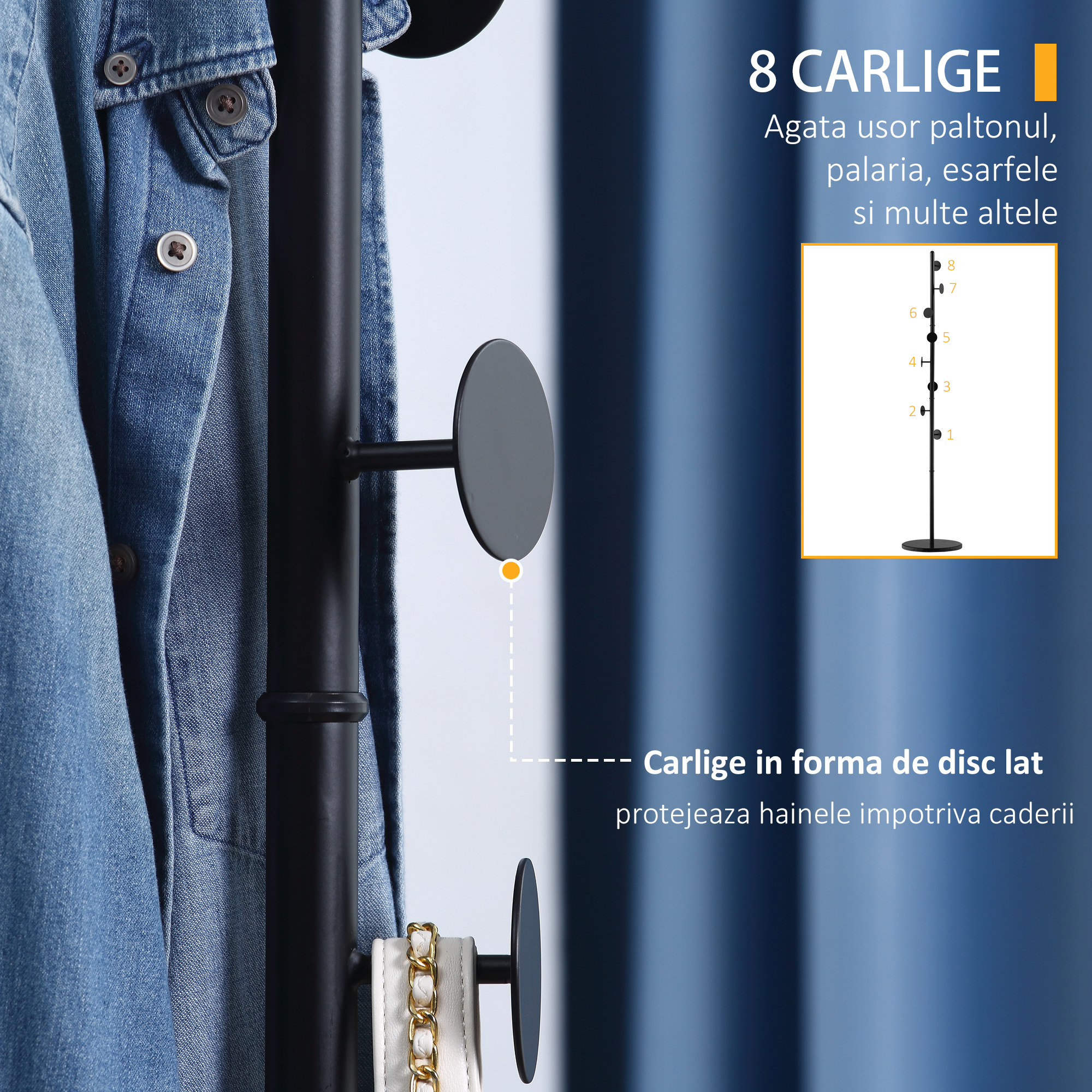  Cuier de Podea cu 8 Carlige, Cuier pentru Intrare si Dormitor din Otel cu Baza din Marmura, 35x35x170cm, Negru [4]