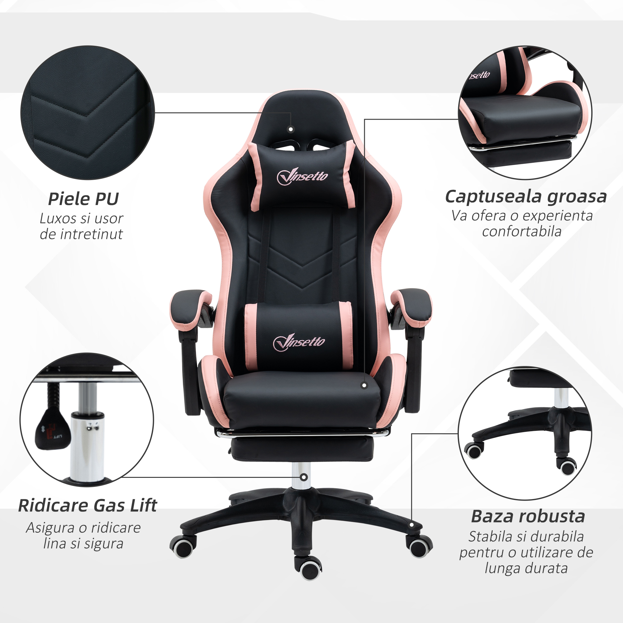  Scaun de gaming din piele ecologica PU si otel pentru dormitor sau camera de zi cu inaltime reglabila si spatar inclinabil, 65x65x121-129 cm, roz si negru [6]