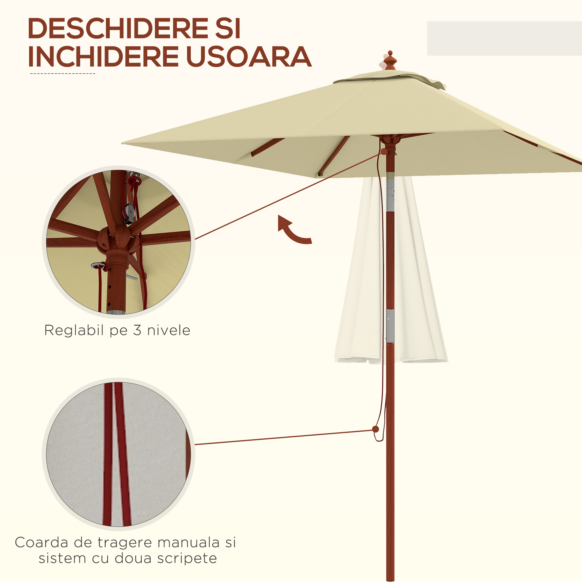  Umbrela de Gradina inclinabila cu Sistem cu snur si Orificiu de Ventilatie, 200x150x235 cm, Bej [5]