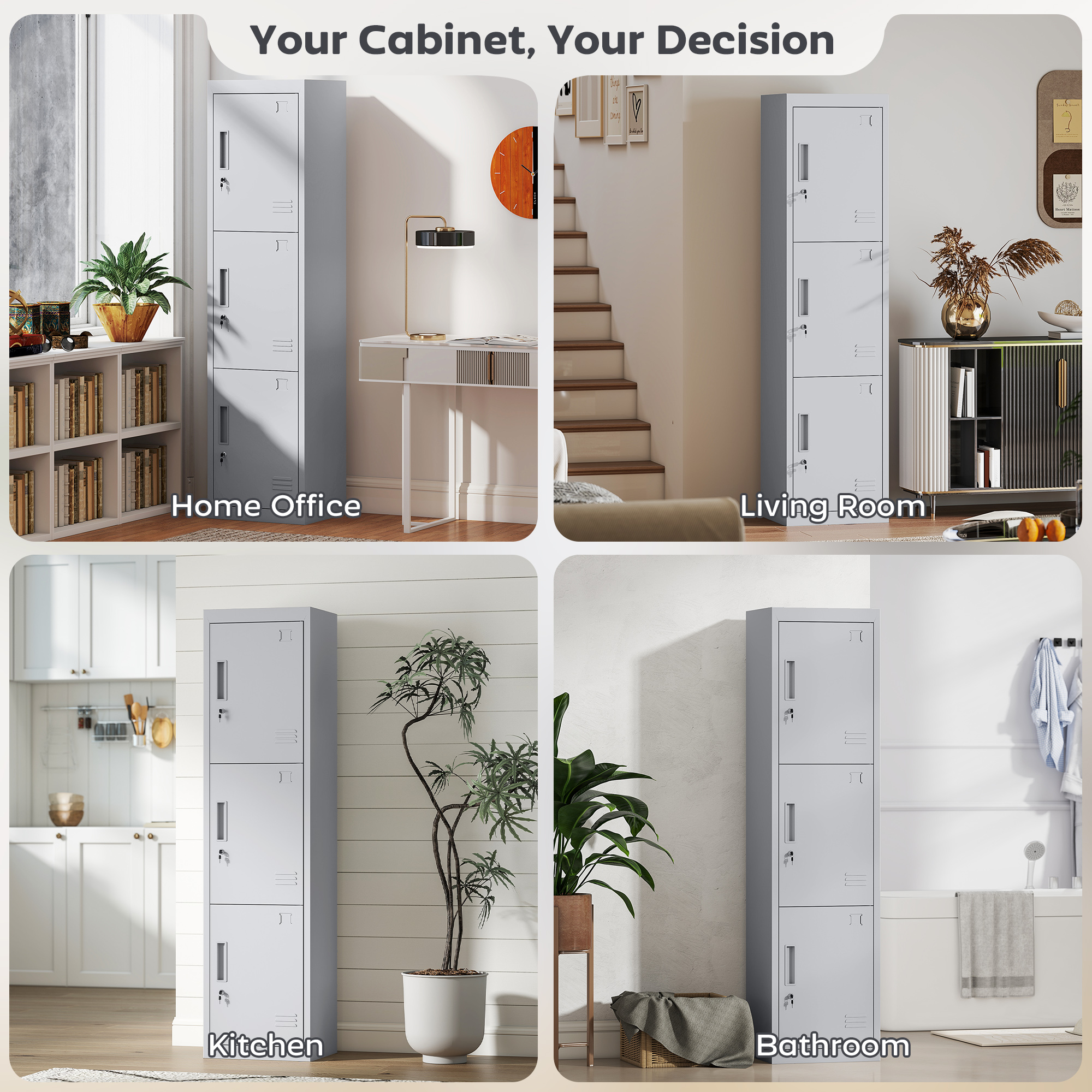  Dulap pentru Birou din Otel cu 3 Usi Independente si 2 Chei, 45x38x180 cm, Gri Deschis [5]