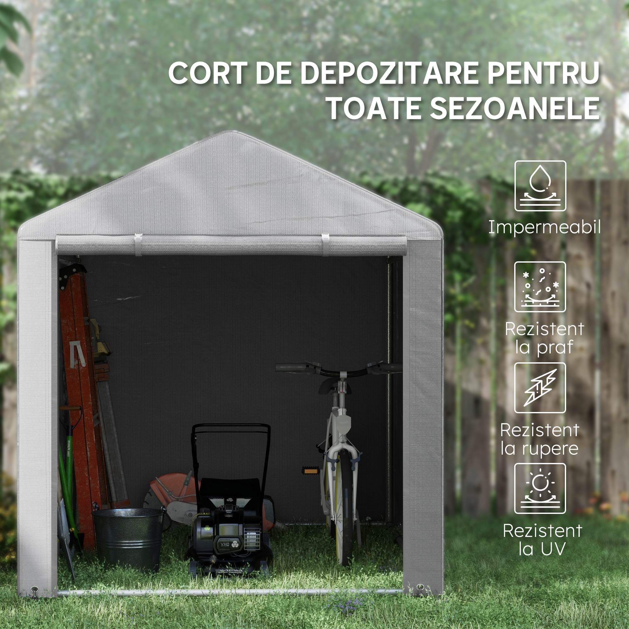  Garaj pentru Motociclete, Biciclete si Unelte, Cort cu Fermoar, 160x218x172 cm, Gri Deschis [4]