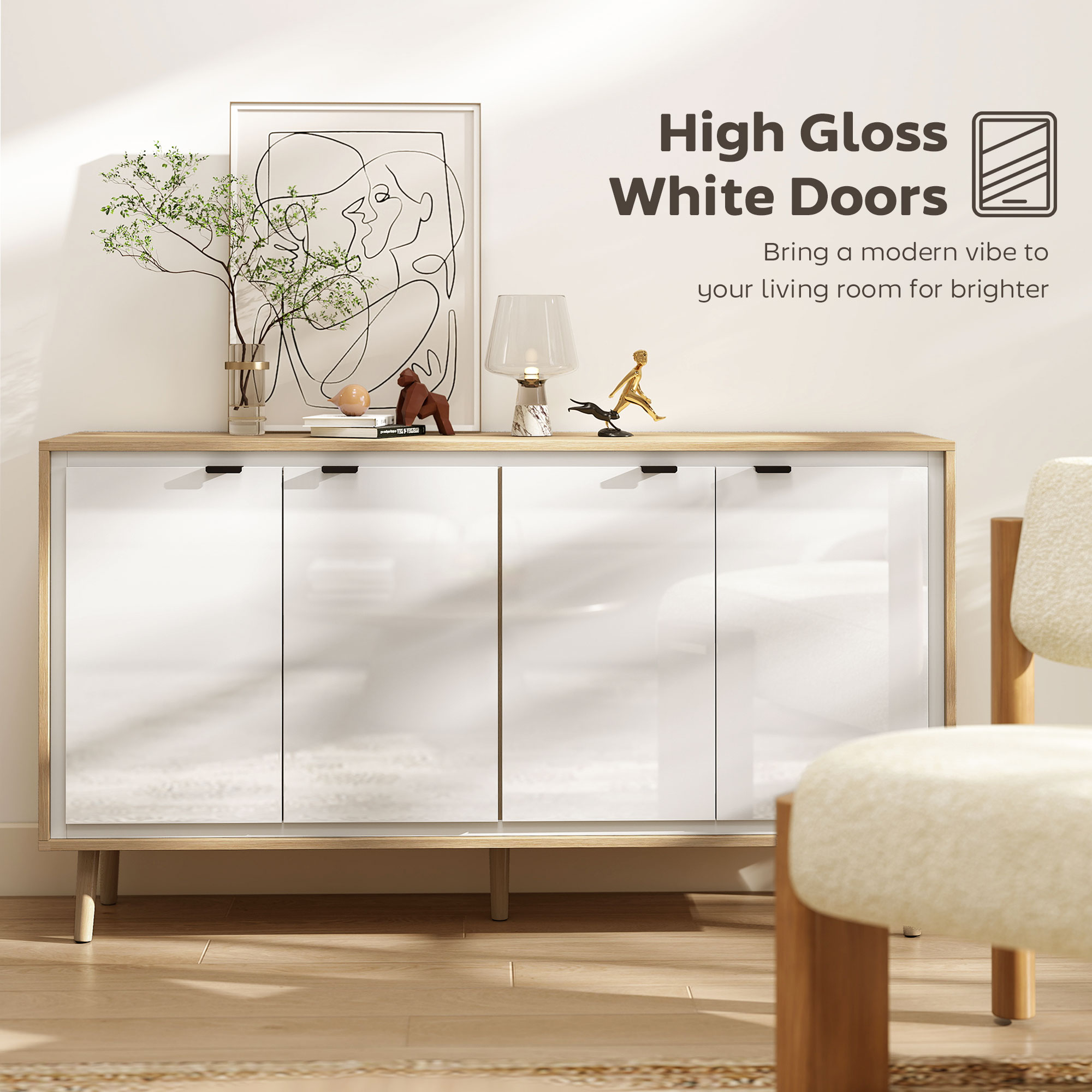  Bufet Modern cu 4 Usi si Raft Reglabil, 141x35x77 cm, Alb Lucios si Stejar [3]