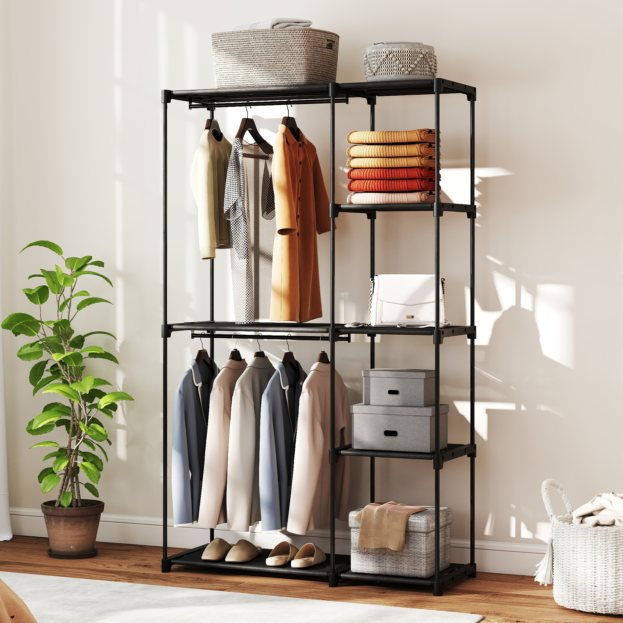  Dulap de Haine Portabil cu 2 Bare si 6 Rafturi, Dulap din Material Textil Non-tesut, Plastic si Otel, 111x43x185 cm, Negru [8]