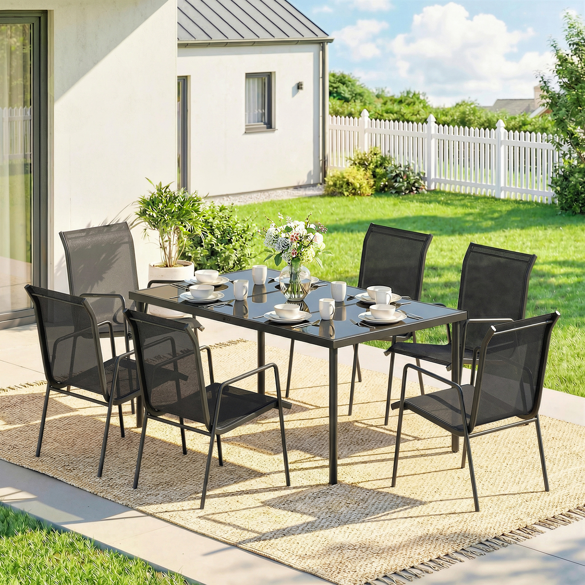  Set de Gradina 7 piese din Otel cu 6 Scaune Stivuibile din Textilena si Masa de Cafea cu Blat din Sticla, Negru [1]