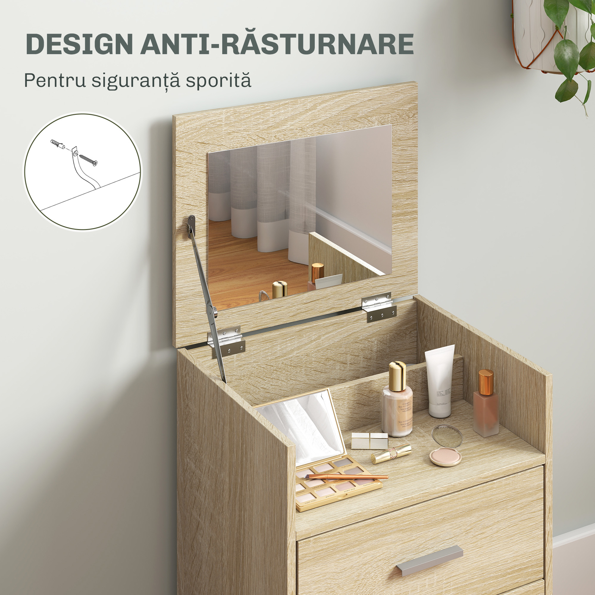  Masa de Toaleta cu Oglinda Rabatabila, Natural [6]