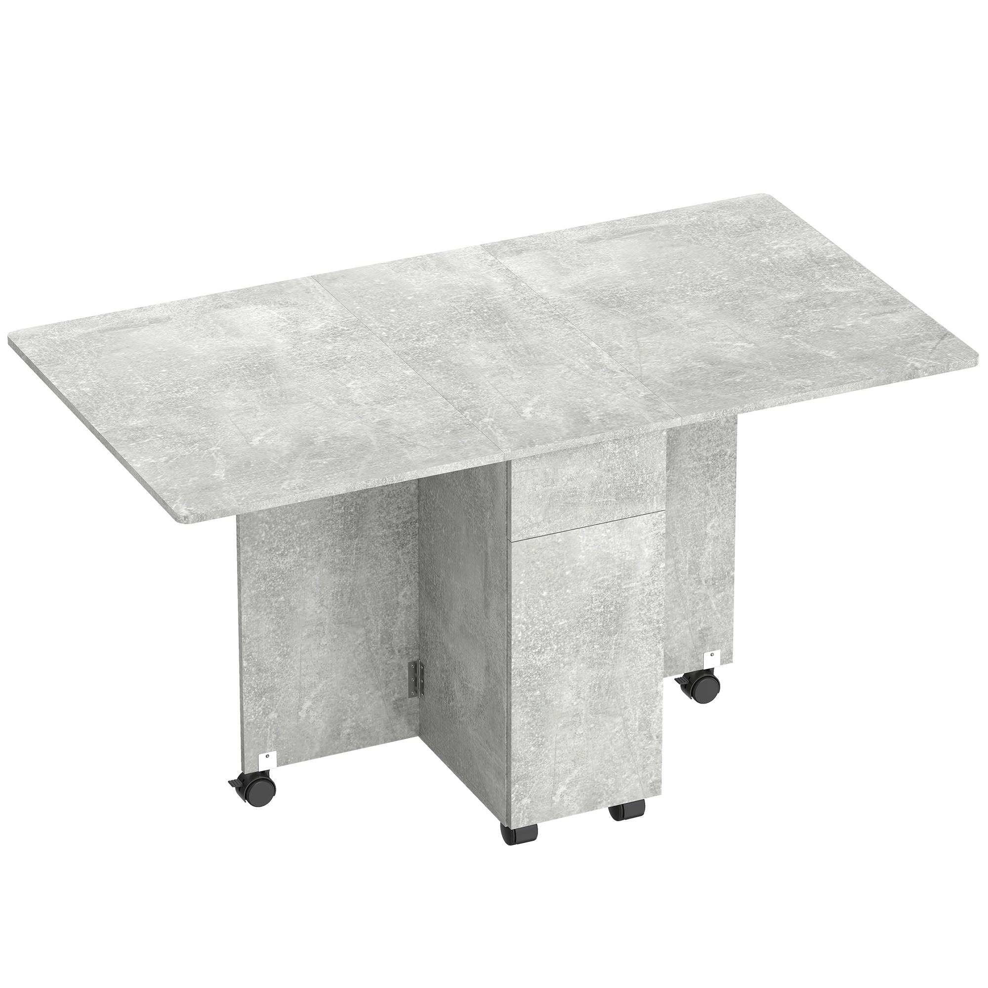 Bucatarie -  Masa de Bucatarie Pliabila pe Roti cu 2 Sertare, 2 Usi si Dulap, din Lemn, 140x76x74 cm, Gri Ciment