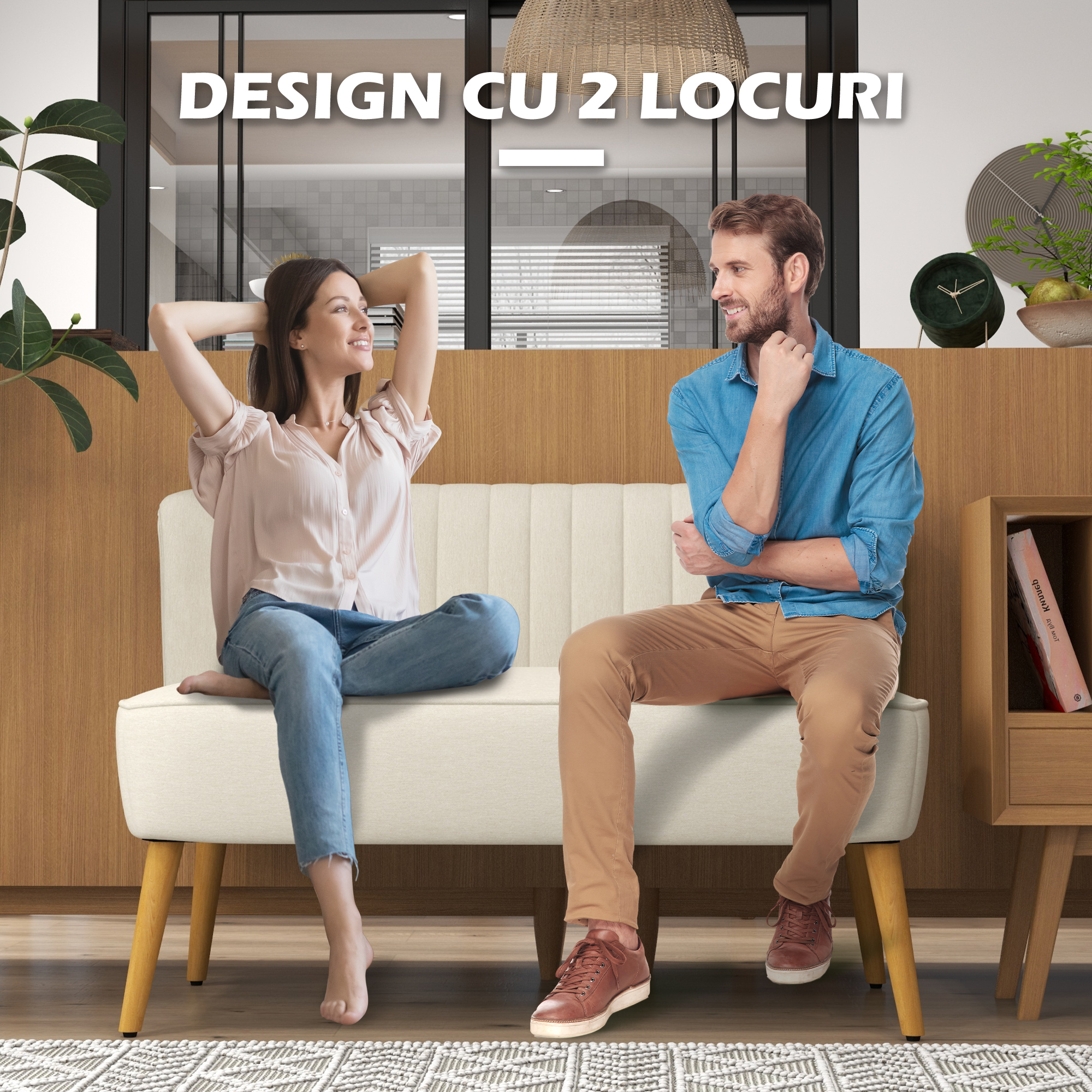  Canapea cu 2 Locuri din Material Textil fara Brate, Canapea  cu Picioare din Lemn, 117x56,5x77 cm, Verde [5]