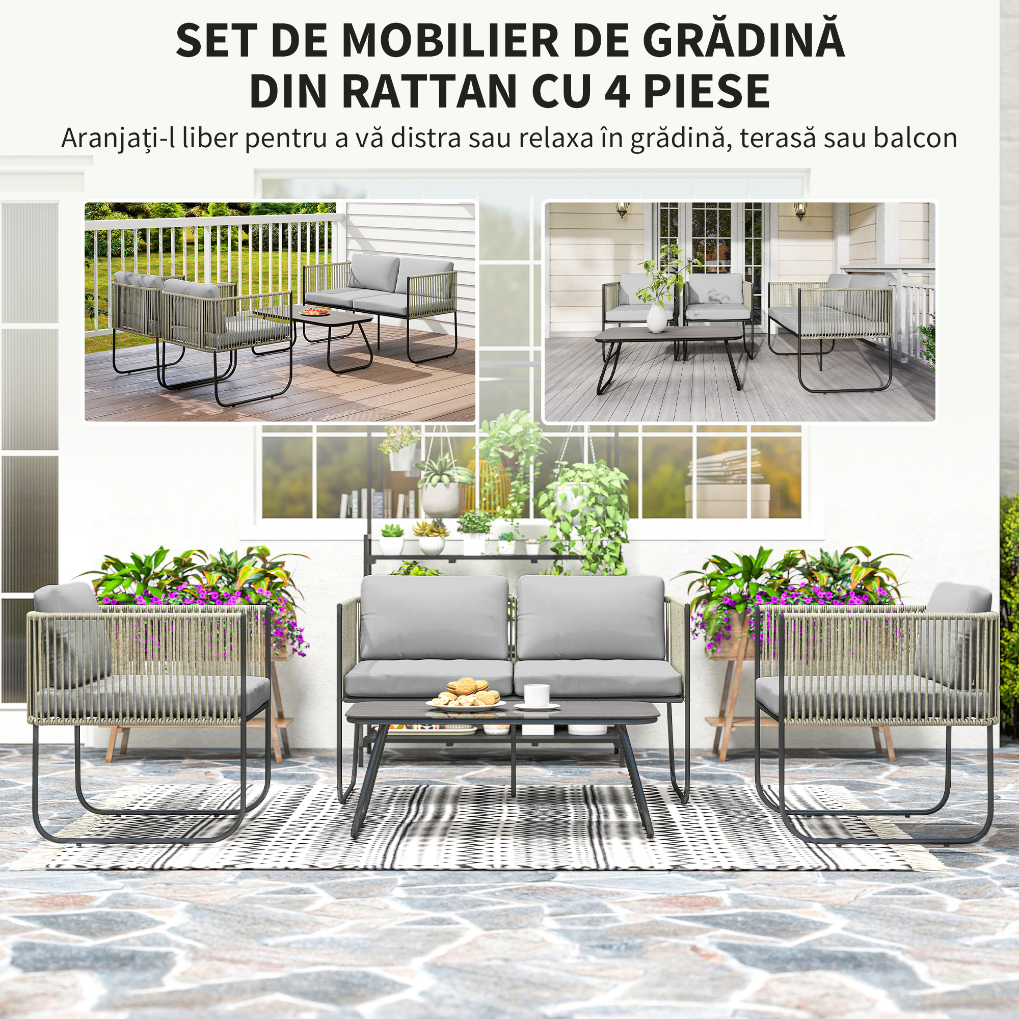  Set de Gradina din Ratan cu Canapea de 2 Locuri, 2 Fotolii si Masuta cu Sticla, Perne Detasabile, Gri [3]