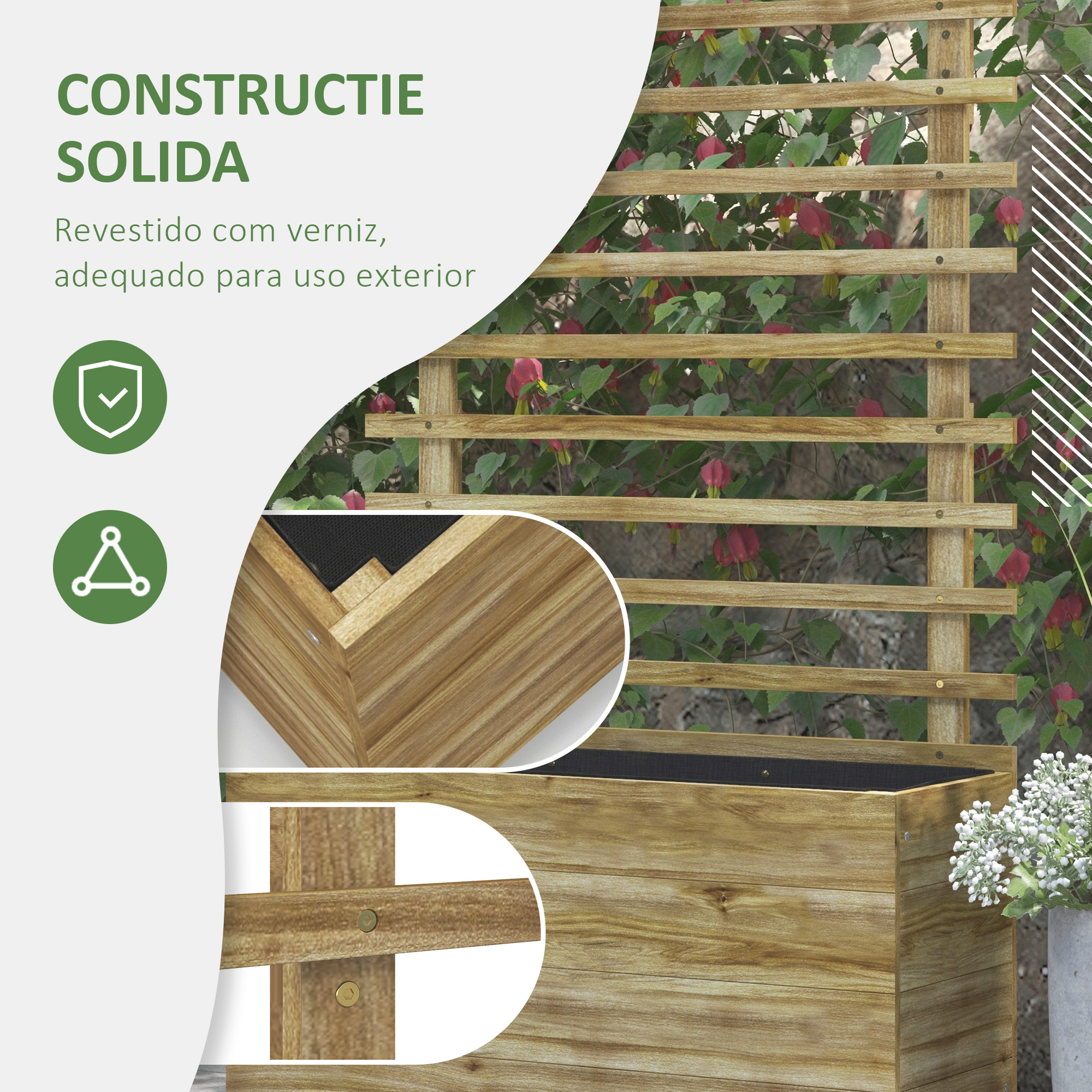  Jardiniera inaltata verticala cu 4 roti si suport pentru plantele cataratoare, din  lemn de brad, 76x30x155cm, alb [5]
