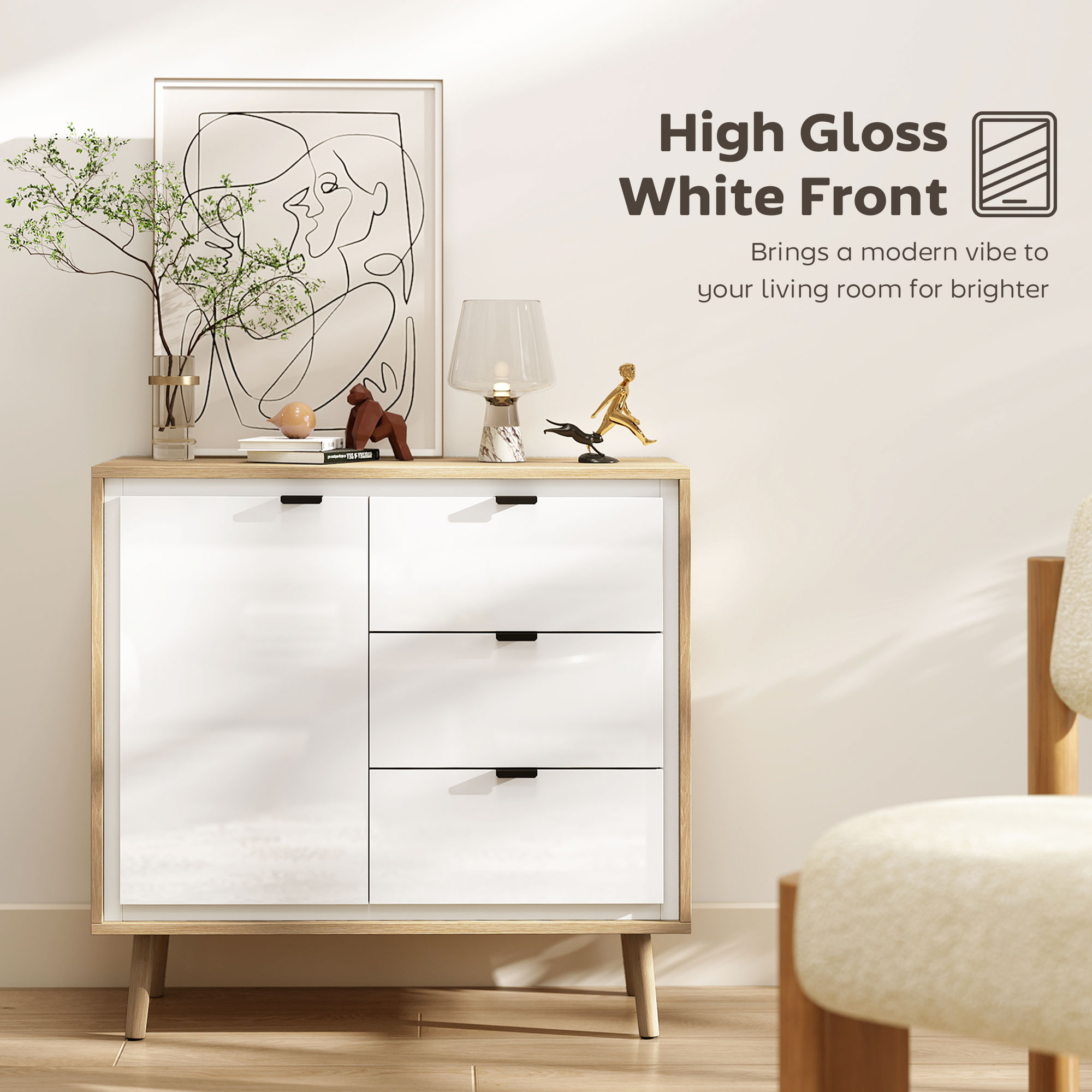  Credenta de bucatarie cu 3 sertare si dulap Alb lucios si stejar [3]