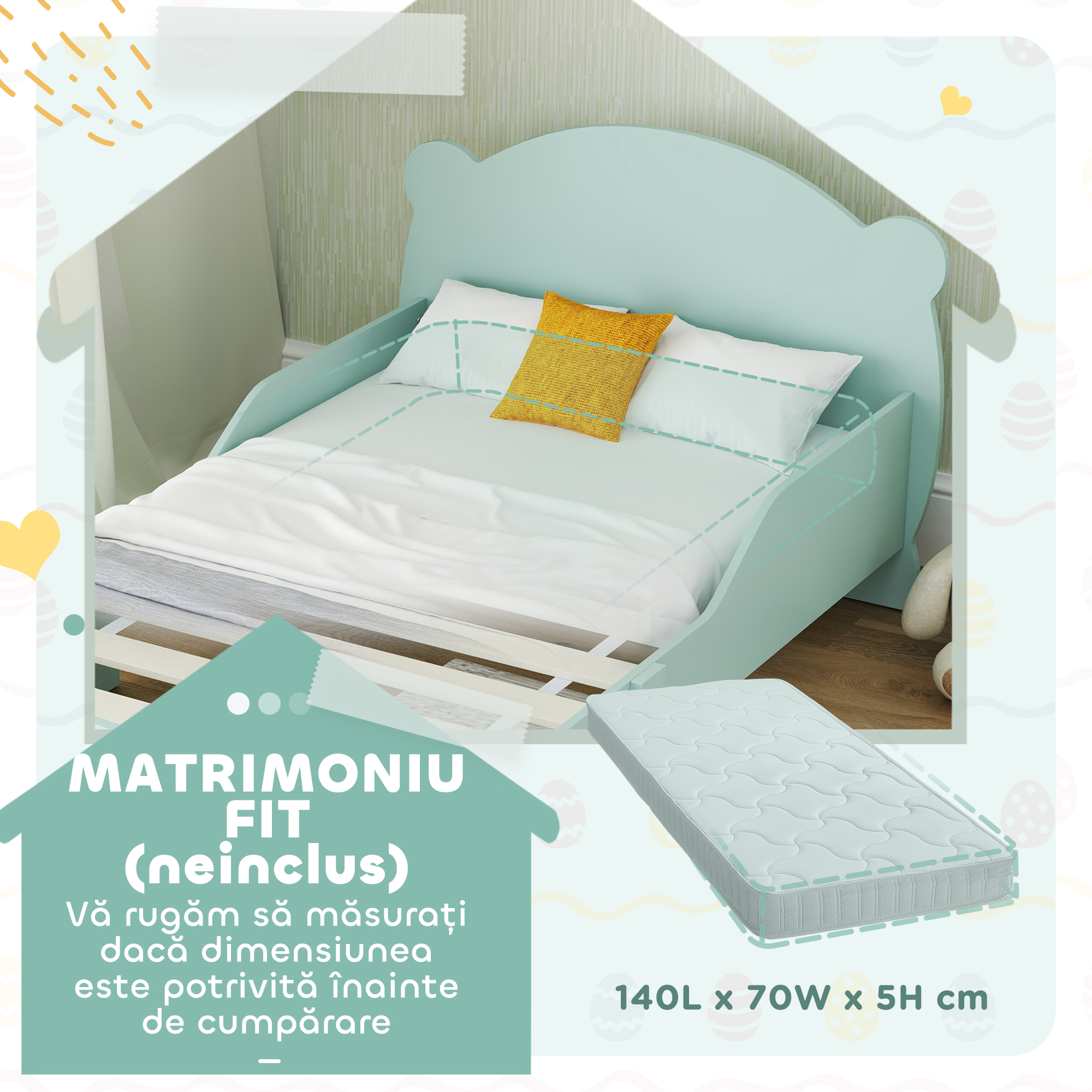  Patut pentru Copii cu Tablie si Suport in Forma de Ursulet si 2 Bare Laterale, Verde [6]