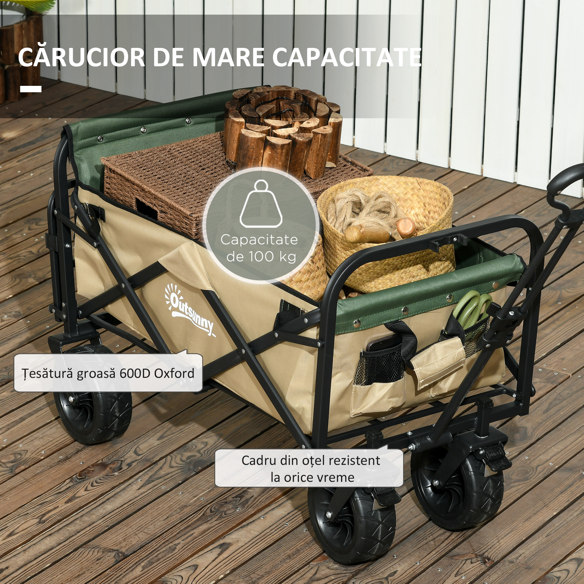  Carucior de gradina 110L cu maner telescopic si baza rabatabila din otel si material textil Oxford, culoare kaki [7]