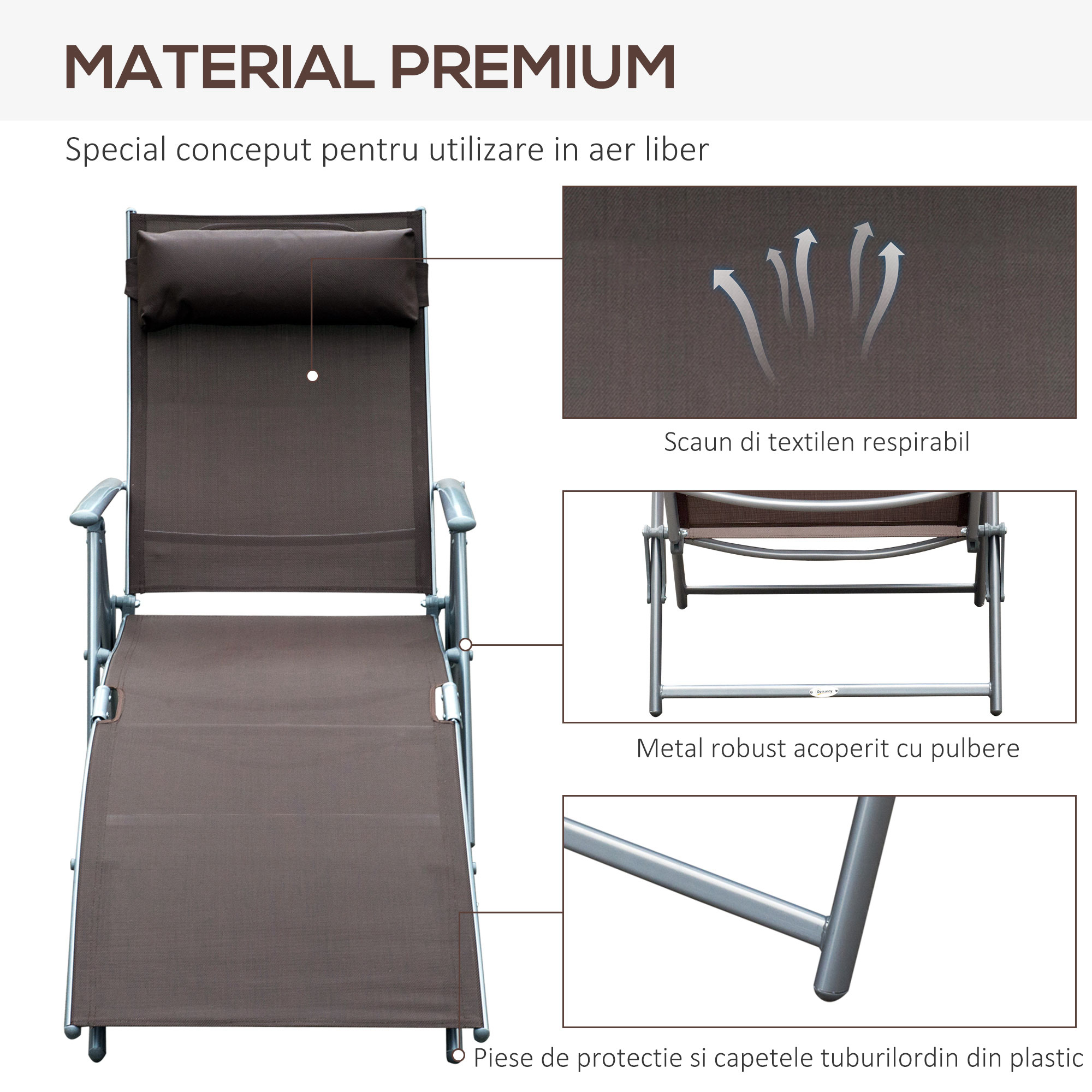  Sezlong Relax Rabatabil Pliabil Schelet in Metal 137x63.5x100.5cm Maro [6]