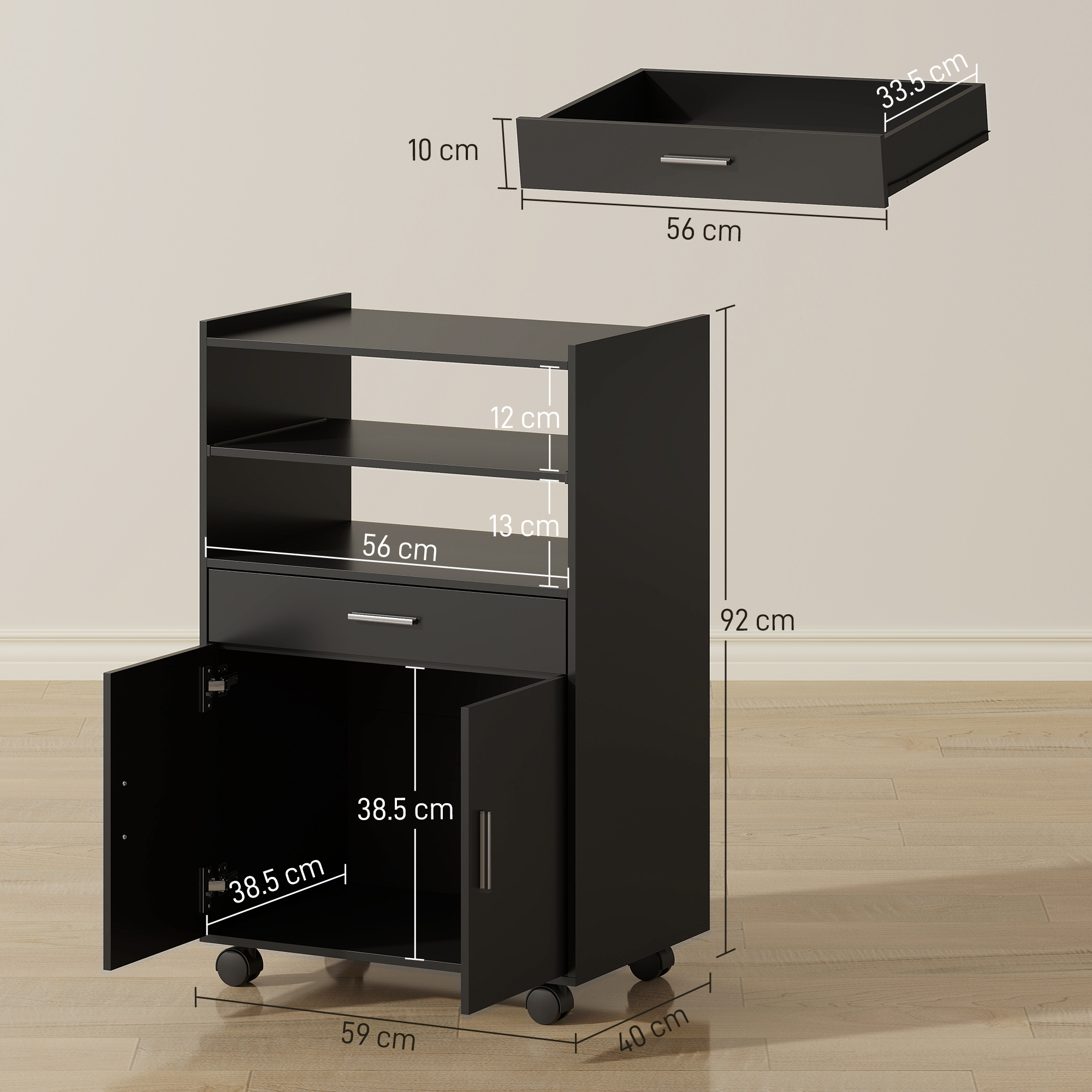  Dulap pentru Cuptorul cu Microunde cu Sertar, Dulap si 2 Rafturi Negru [2]