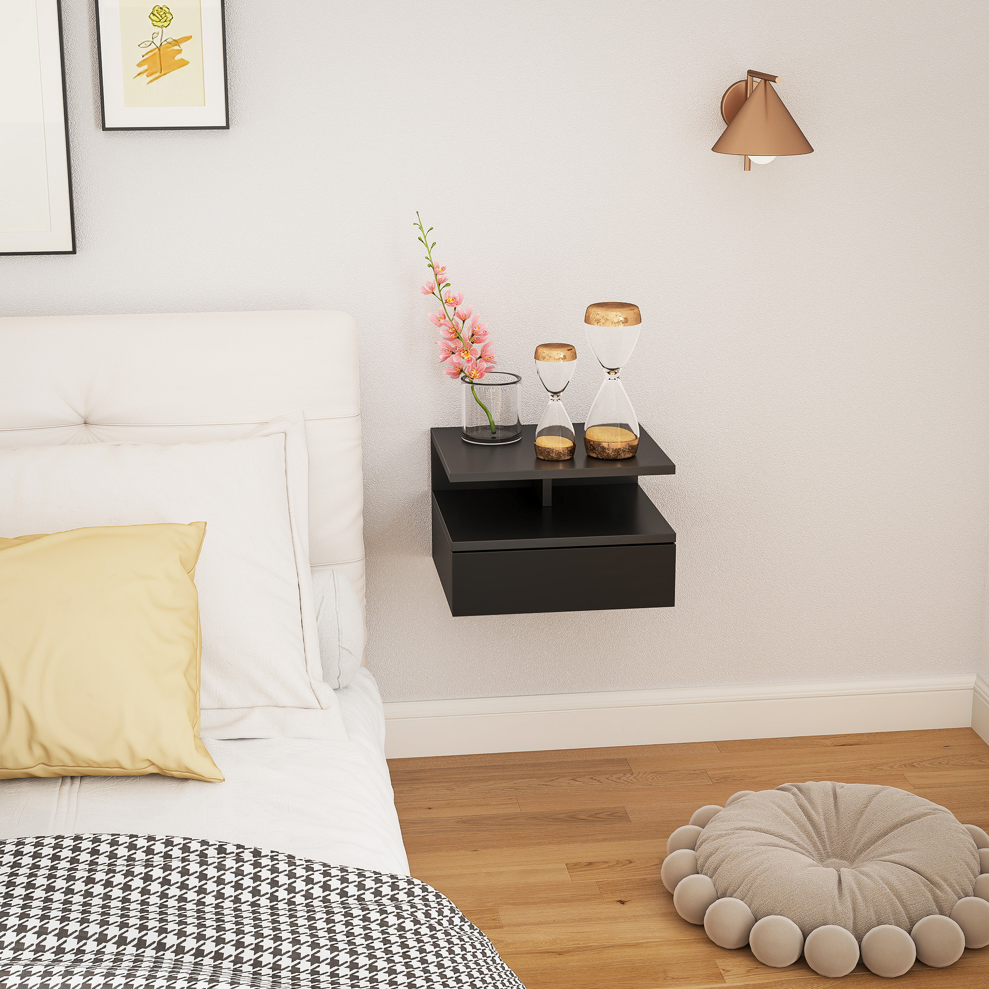  Noptiera suspendata pentru dormitor cu sertar si raft din lemn, 35x32x22.5cm, negru [6]