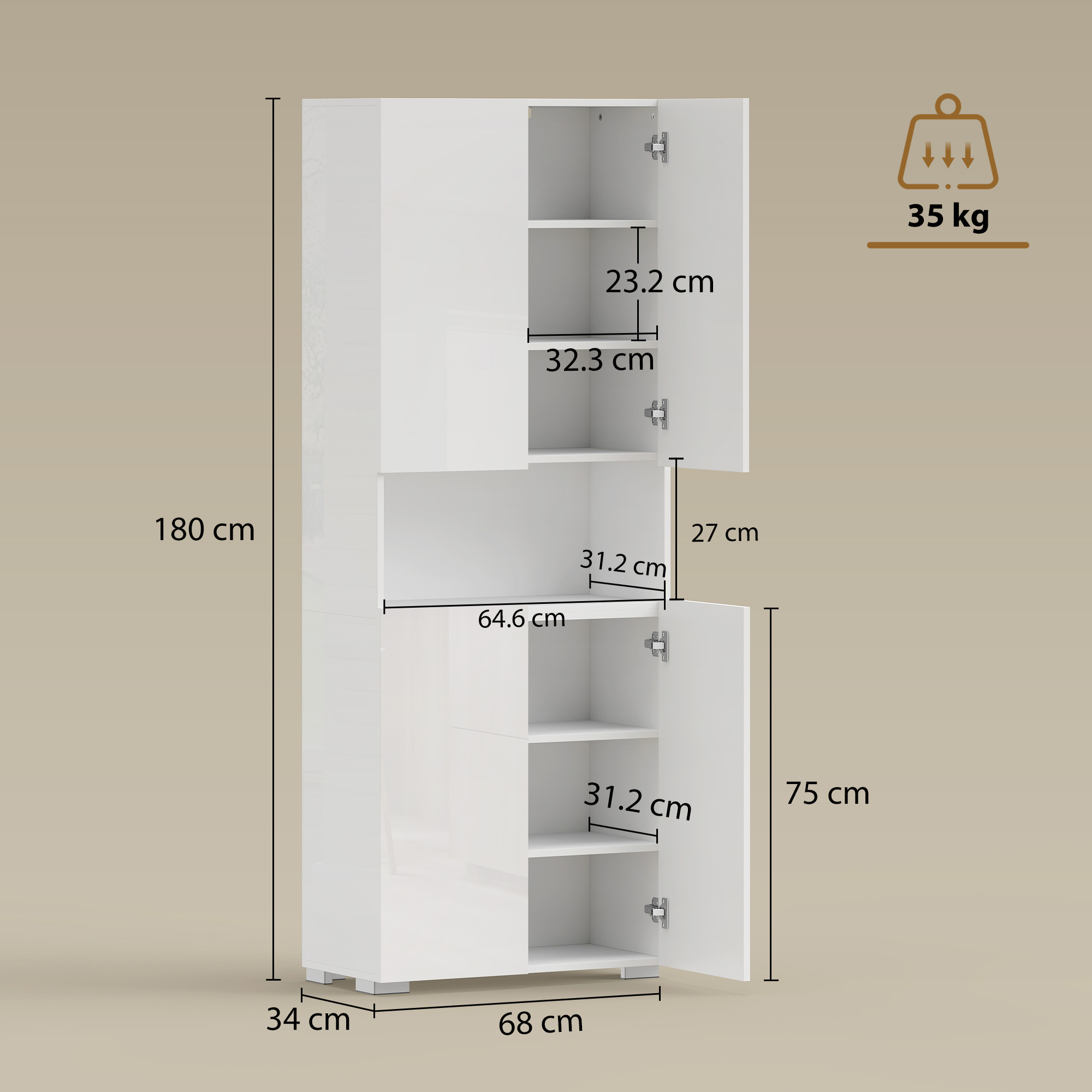  Dulap Bucatarie inalt 180cm, Mobilier Depozitare cu Usi Soft-Close, Raft Deschis, 2 Dulapuri, Rafturi Ajustabile, Stil Modern pentru Sufragerie sau Bucatarie, Alb Lucios [2]