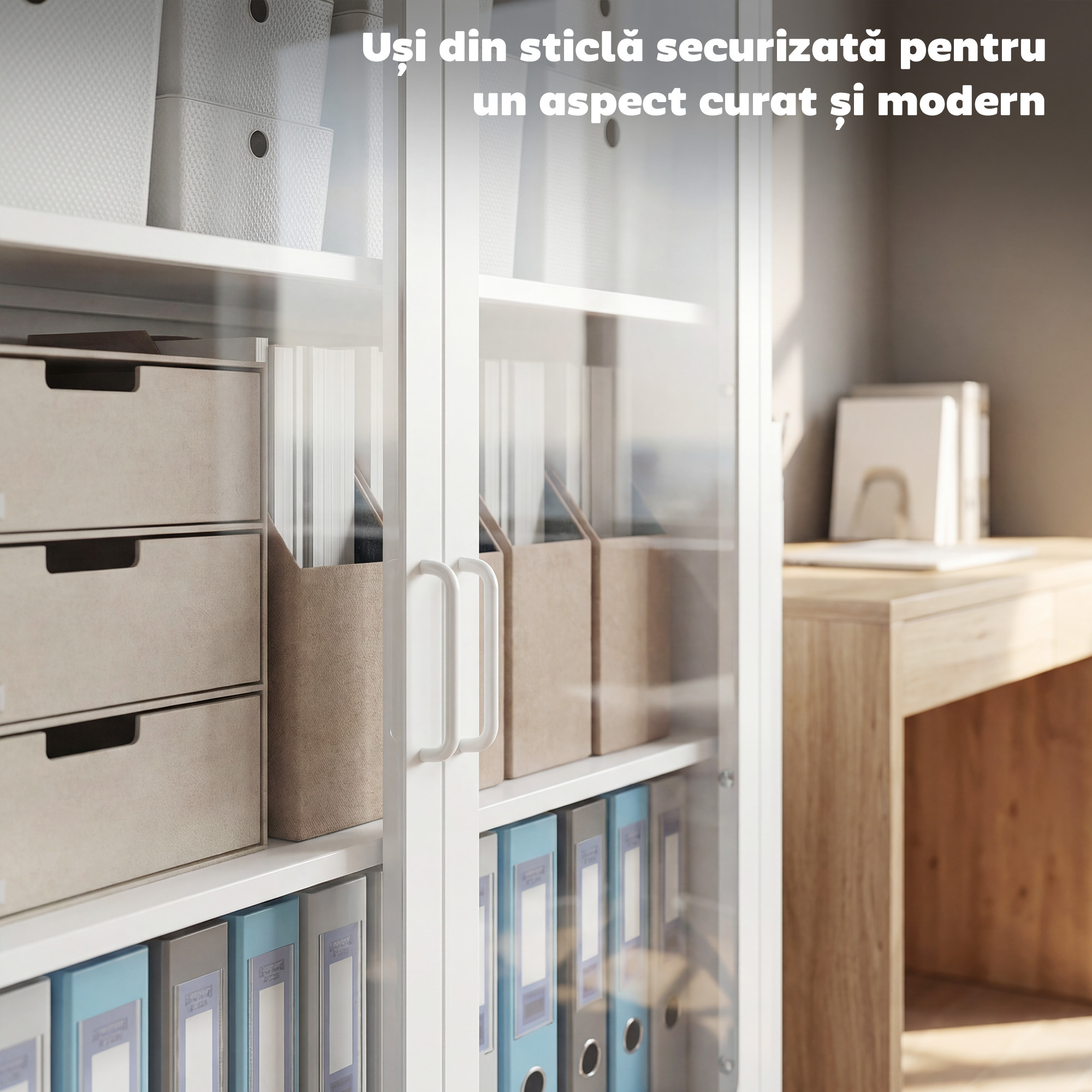  Dulap pentru Documente din Otel cu 2 Usi din Sticla Securizata, Dulap de Birou cu Rafturi Reglabile, Mobilier Multifunctional, 80x40x110 cm, Alb [3]