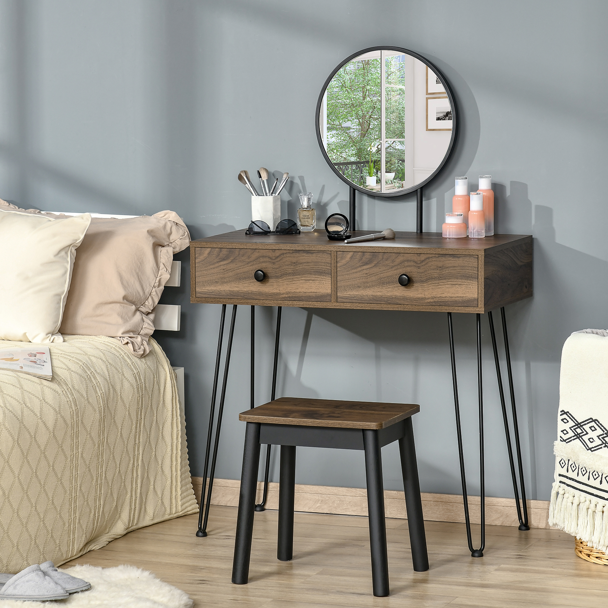  Masa de Machiaj in Stil Industrial, Set Masa de Toaleta cu Taburet si Oglinda de Machiaj, Postatie de Machiaj din Lemn si Metal pentru camera [1]