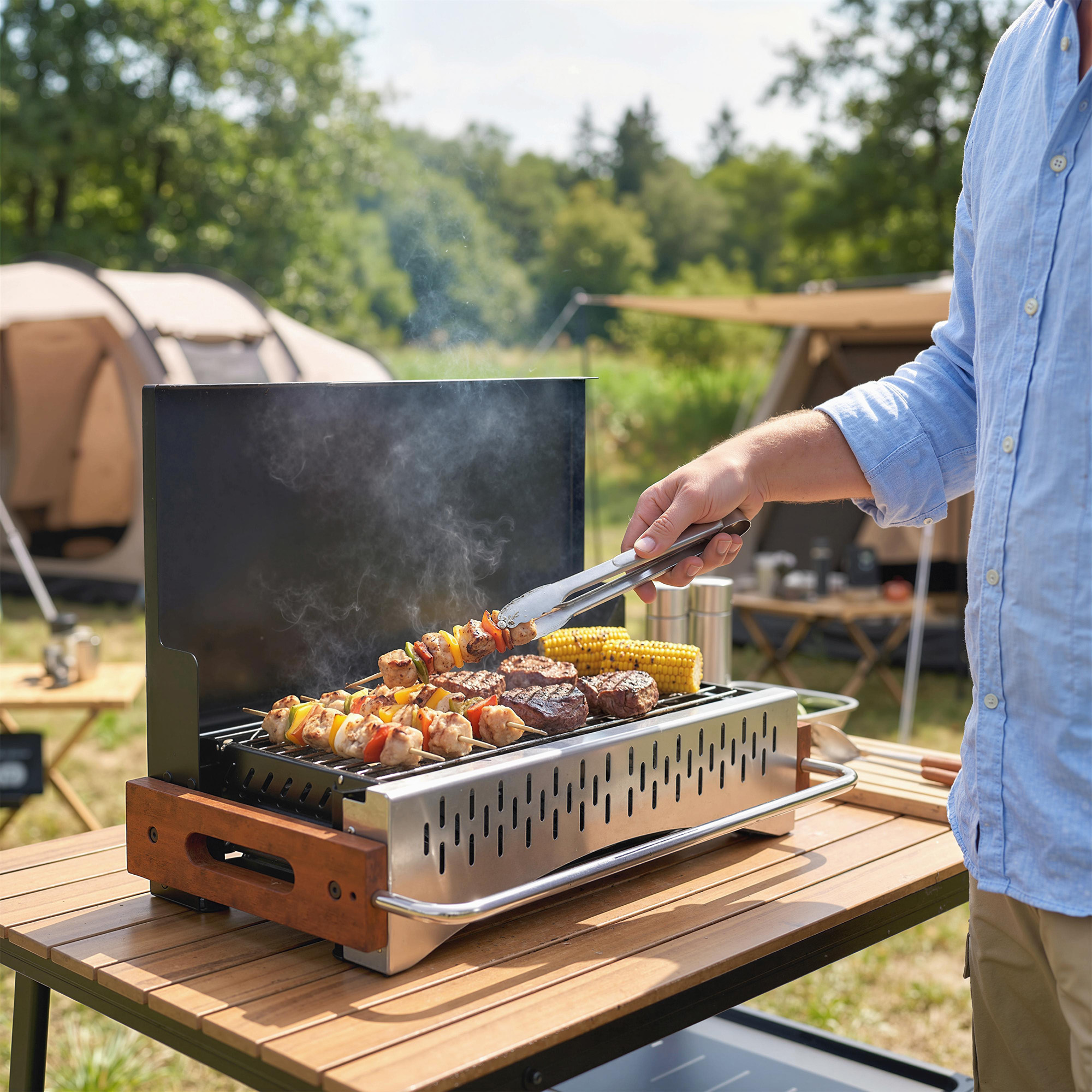  Gratar Portabil cu Carbune, Tava Detasabila, din Otel Inoxidabil si Metal, 50,5x34x33 cm, Negru [8]