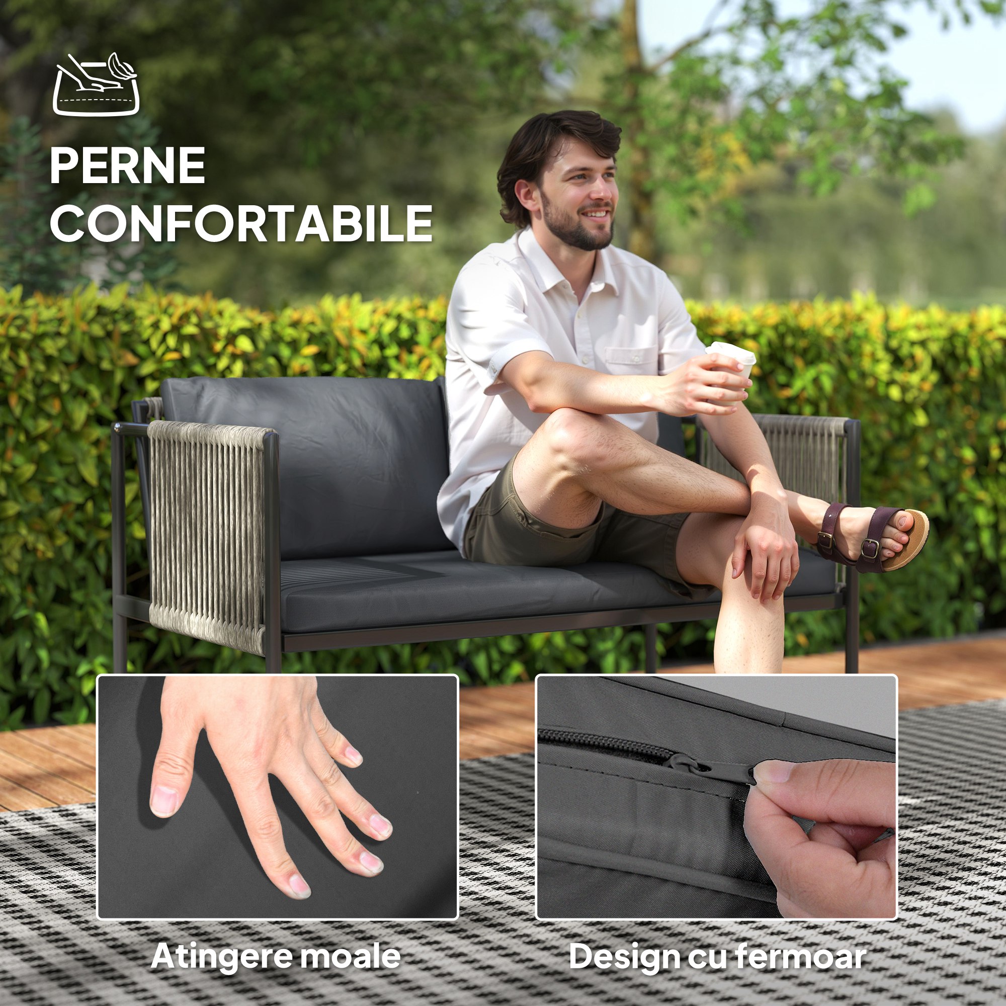  Set Mobilier de Gradina din Ratan cu 2 Fotolii, Canapea cu 2 Locuri si Masuta de Cafea din Sticla, Gri [5]