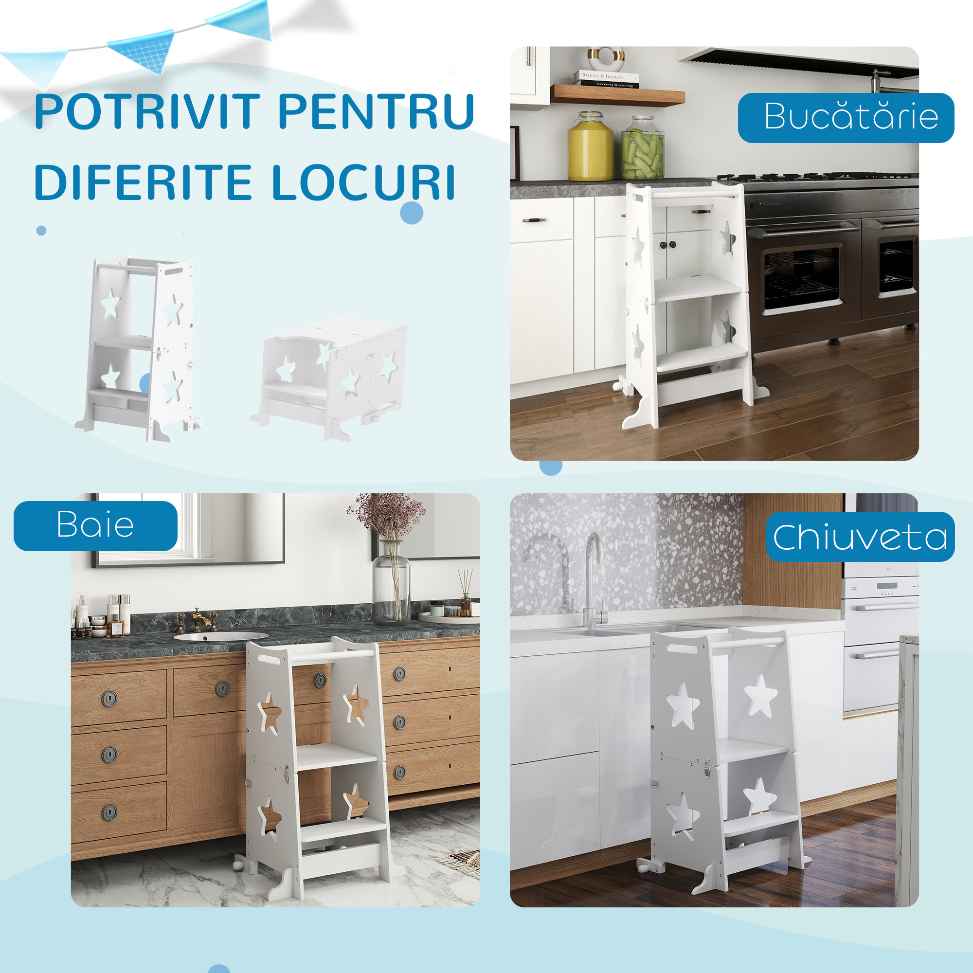  Turn de invatare Convertibil in Set Masa si Scaune cu Bara de Siguranta, 60x44,5x86 cm, Alb [6]