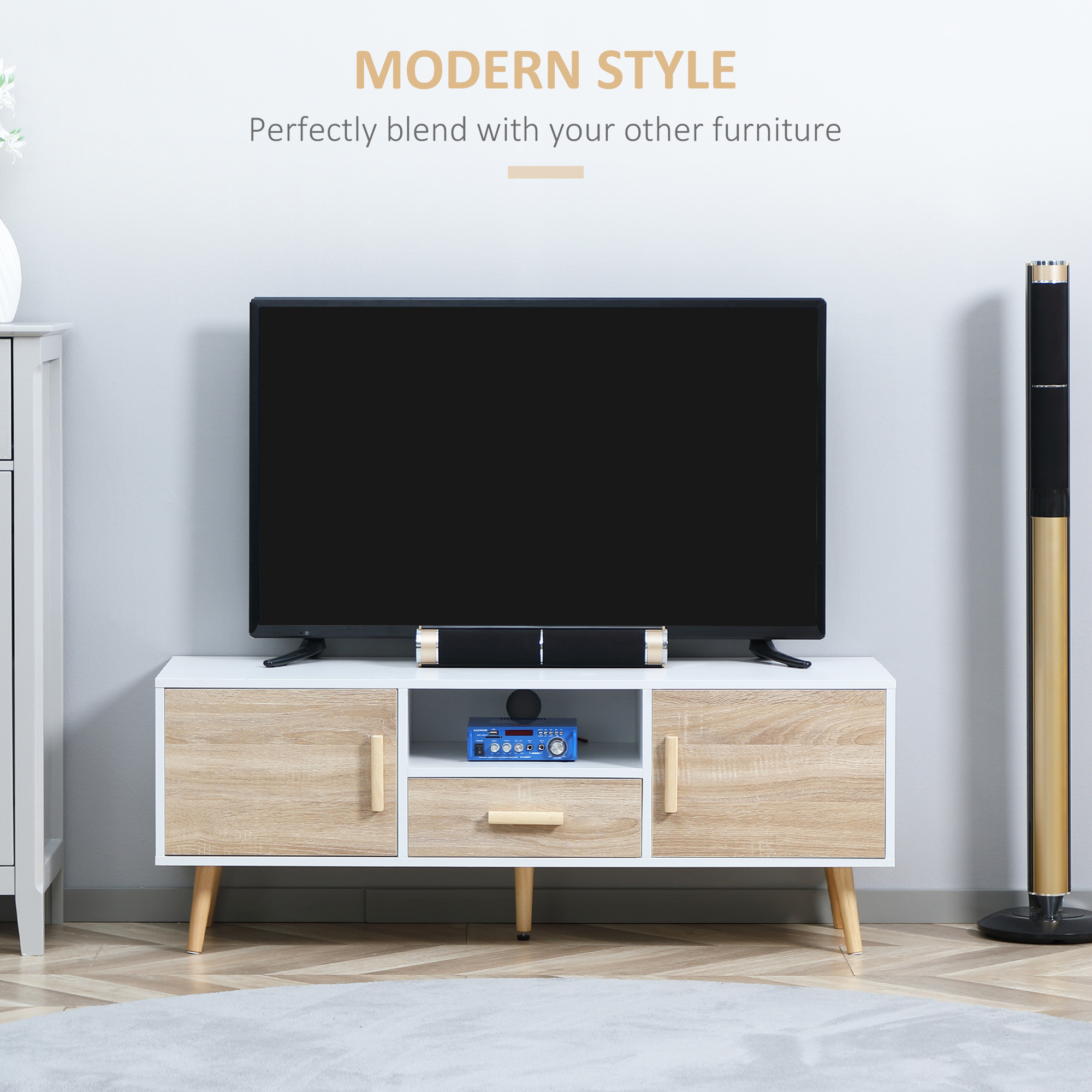  Suport TV modern pentru televizoare de pana la 46", Unitate TV cu dulapuri si sertar, consola media cu usa pentru sufragerie, stejar [3]