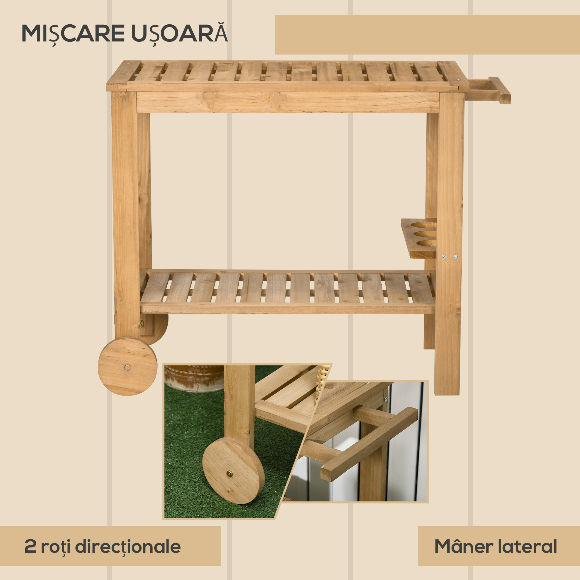  Carucior de Servire pentru Gradina din Lemn de Brad, Carucior cu Rafturi si Suport pentru Sticle, 95x47x74 cm, Natural [4]