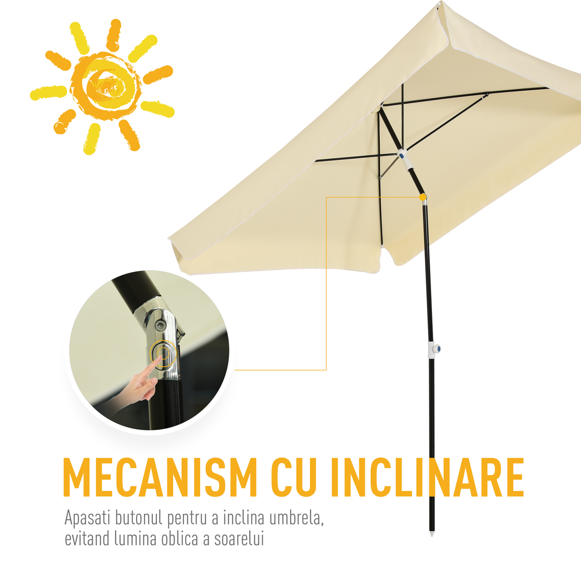  Umbrela de Gradina cu acoperis patrata Rglabila si Portabila, Crem 2x2m [3]