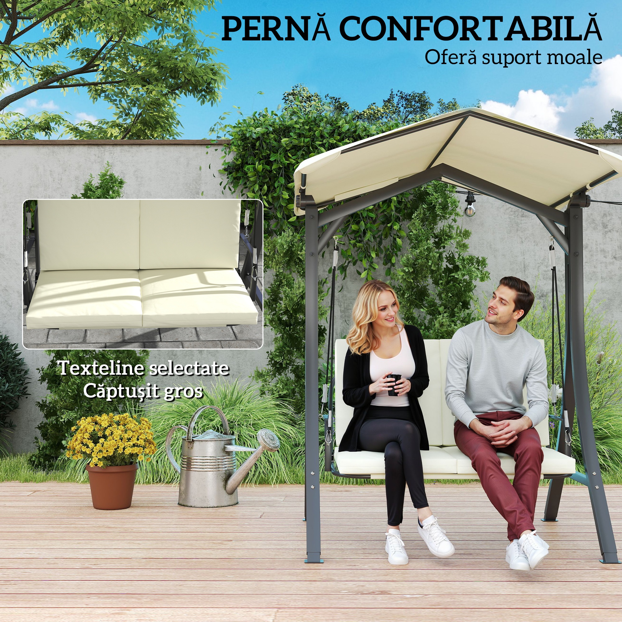  Leagan de Gradina 2 Locuri cu Acoperis Reglabil 150x120x182cm Crem [4]