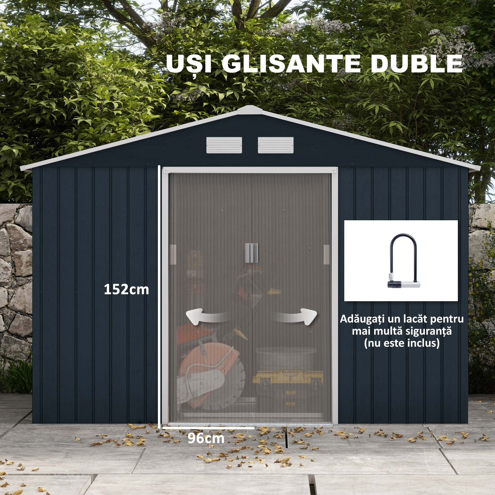  Sopron de Gradina cu Usi Duble Glisante din Tabla de Otel, 277x195x192cm, Gri [5]