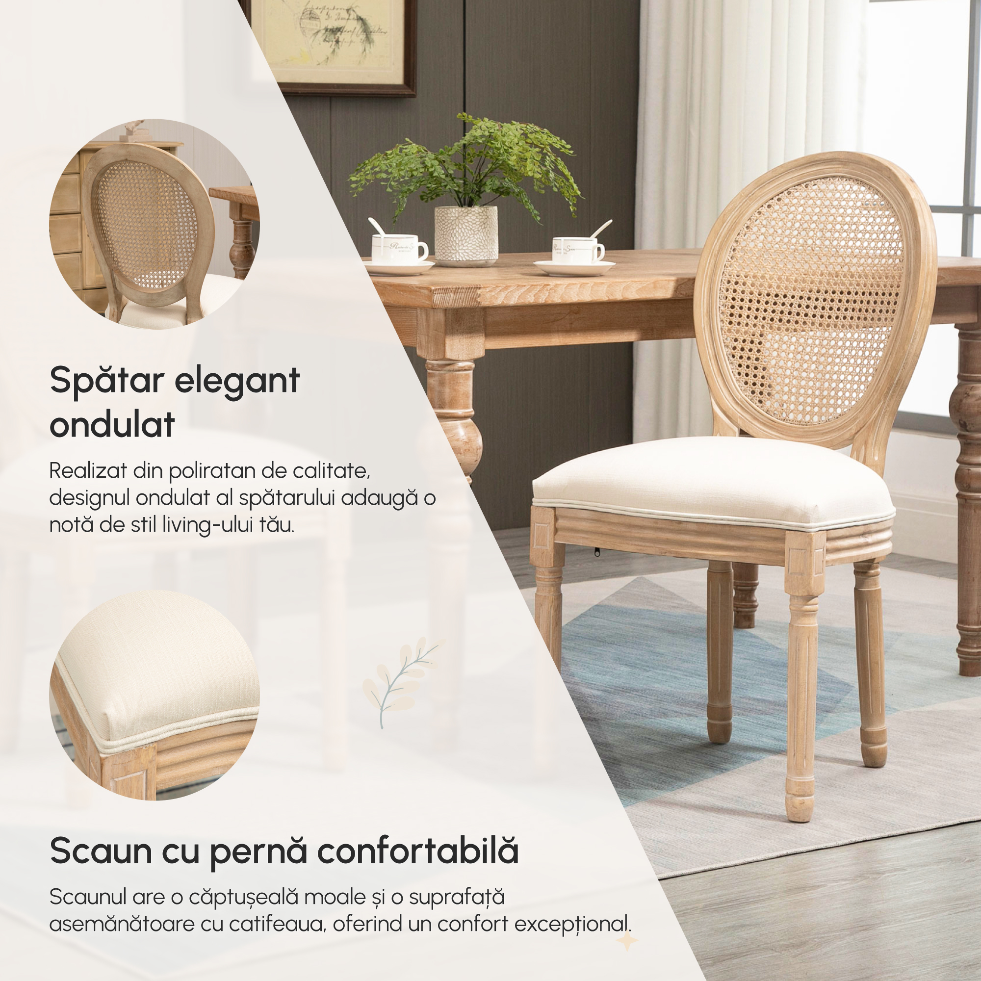  Set 2 Scaune Sufragerie Vintage cu Spatar Perforat 49x56x96cm Alb crem [3]