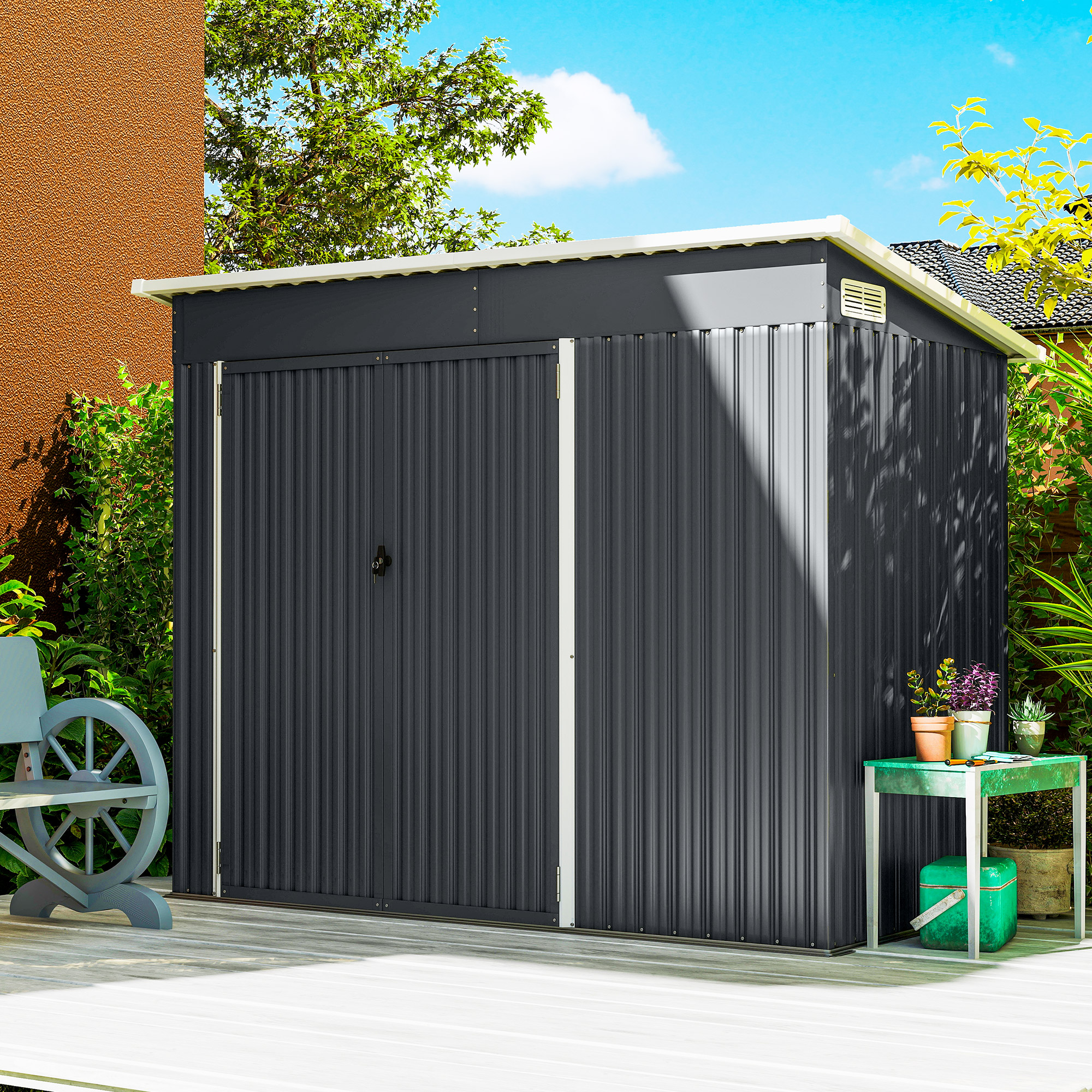  Casuta de Gradina 2.68m² din Otel Galvanizat cu 3 Usi cu incuietoare, Casuta de Depozitare cu Fante de Ventilatie, Acoperis inclinat si Manusi, 234x132x185 cm, Gri inchis [8]