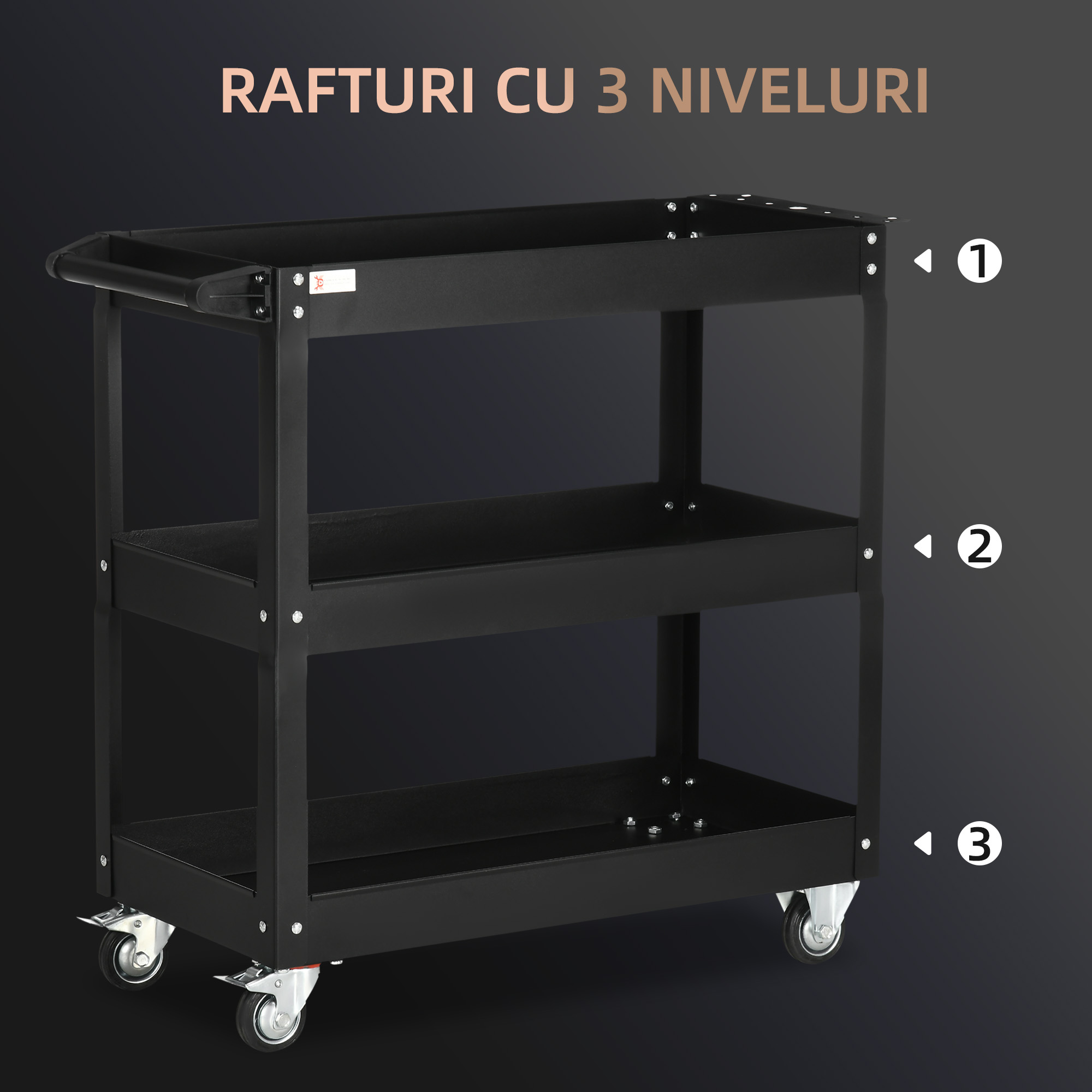  Carucior Port-Scule cu 3 Niveluri din Otel cu Margini inalte si 4 Roti Pivotante, 83x35,3x76 cm, Negru [3]