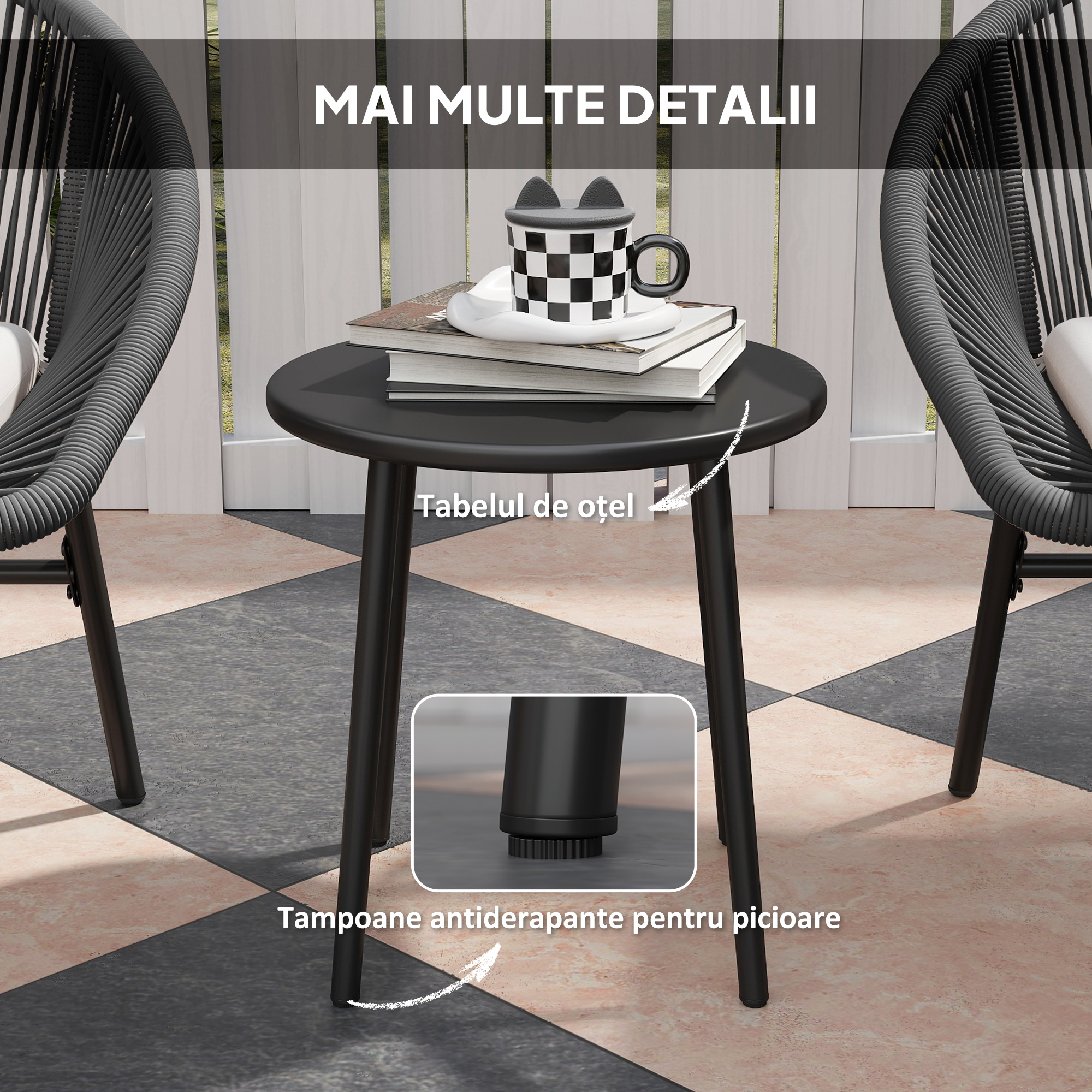  Set Bistro pentru Terasa din 3 Piese, Set cu Perne Moi pentru Sezut, Set de Mobilier din Rachita, Negru [6]