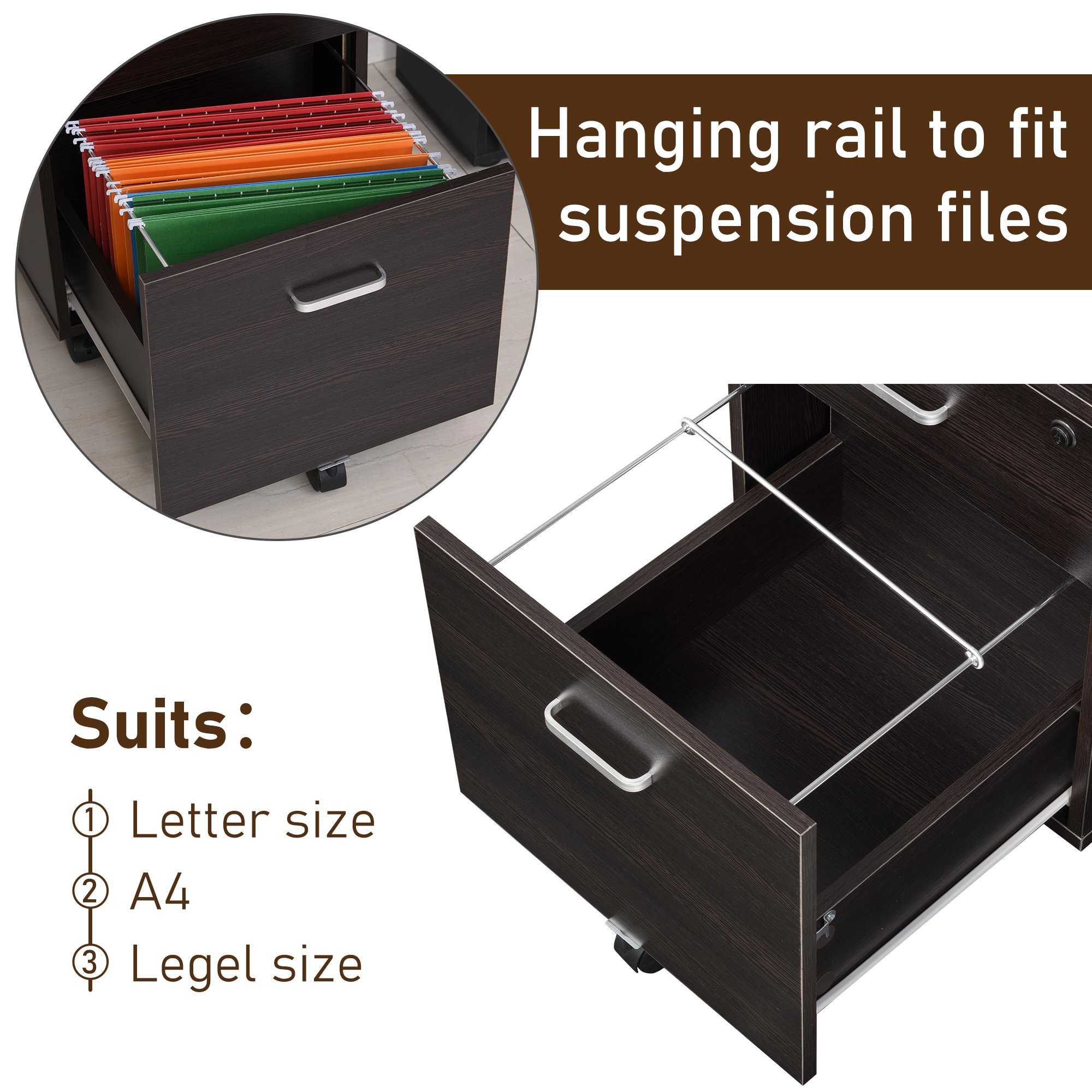  Dulap cu Sertare pentru birou, 2 sertare si 5 roti, usor de mutat, 40x44x54.6cm [3]