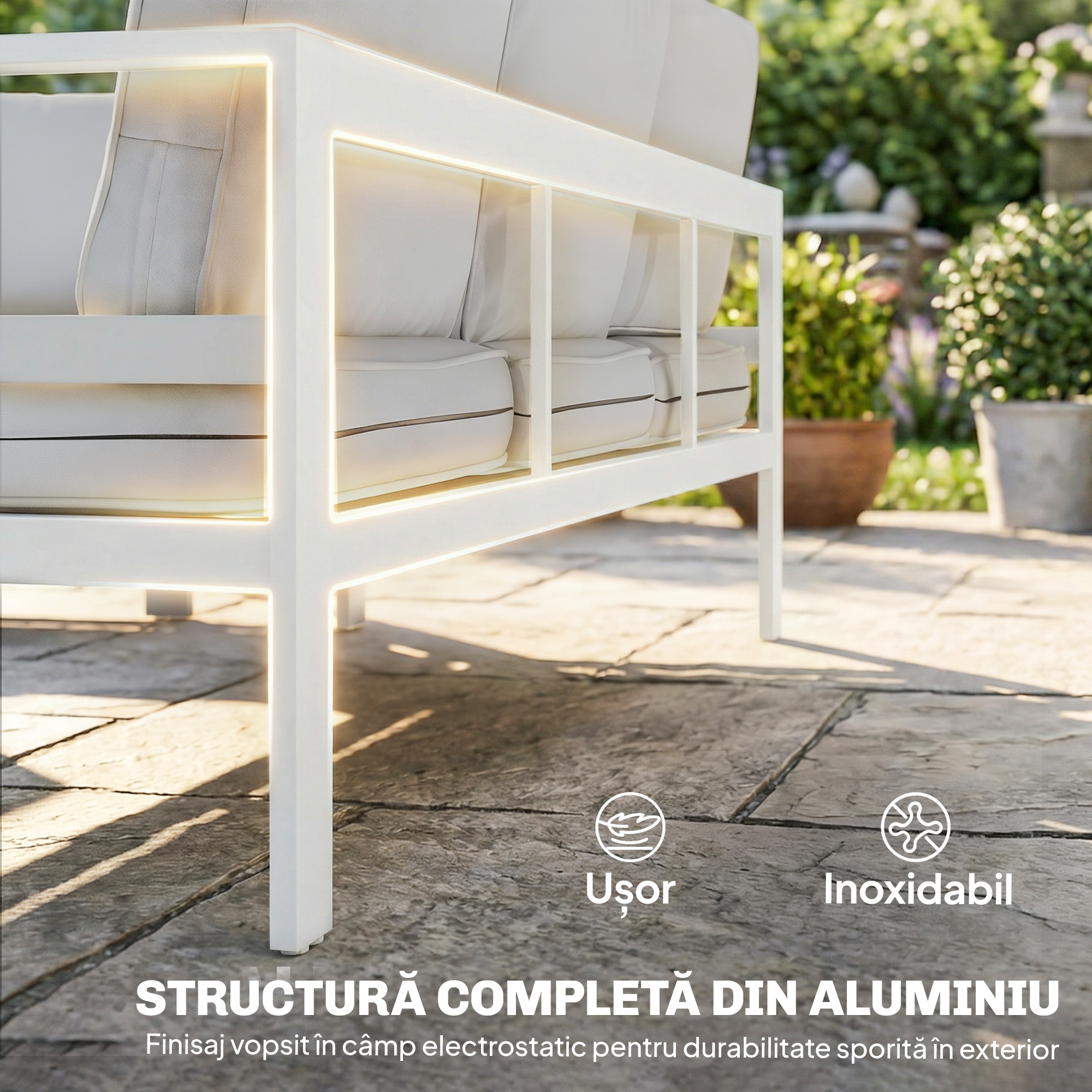  Mobilier de Gradina din Aluminiu cu Canapea 3 Locuri, 2 Fotolii si Masa pentru Exterior, Alb [5]