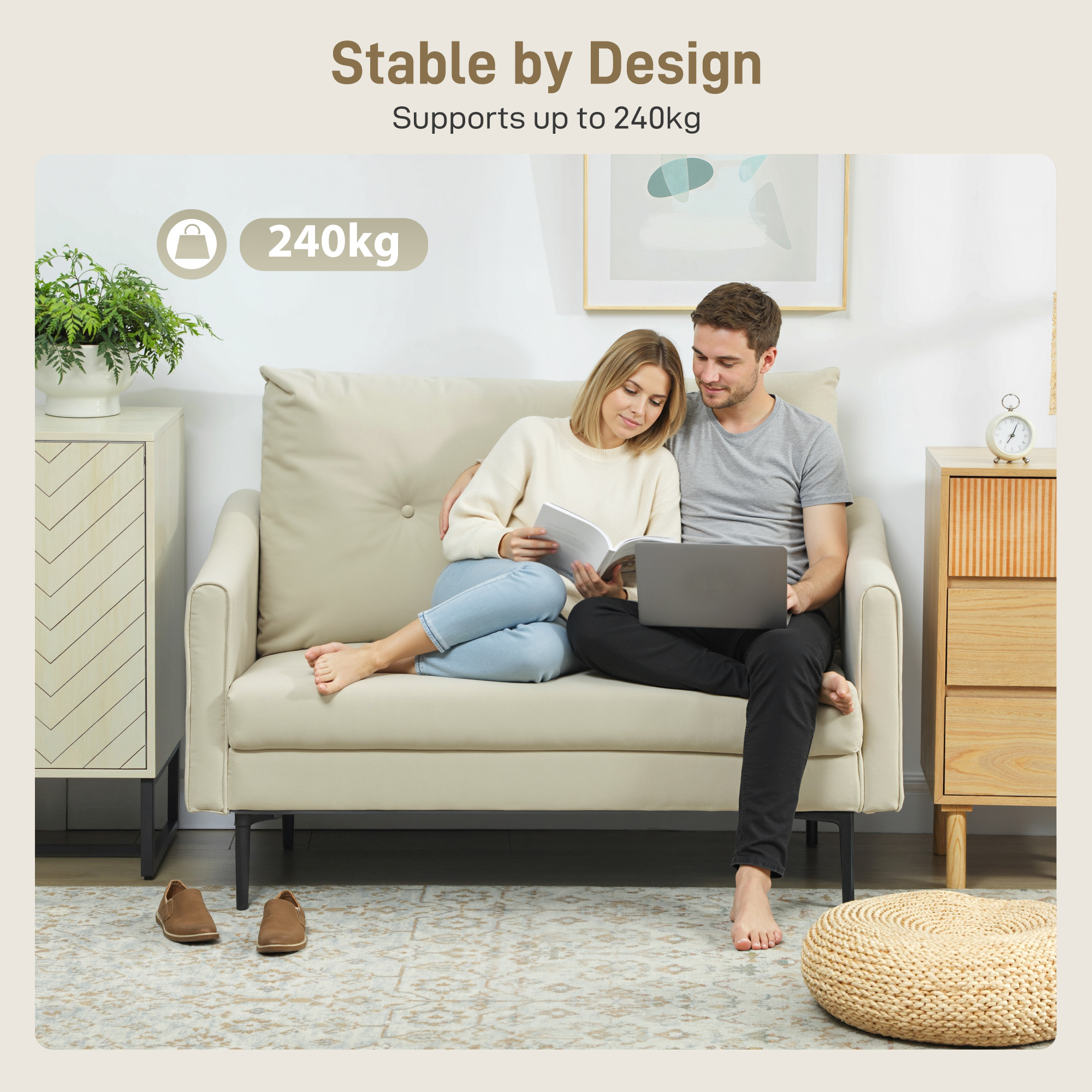  Canapea cu 2 Locuri Moderna cu Spatar Matlasat cu Butoane si Acoperire in Velluto, 124x73x92 cm, Crem [4]